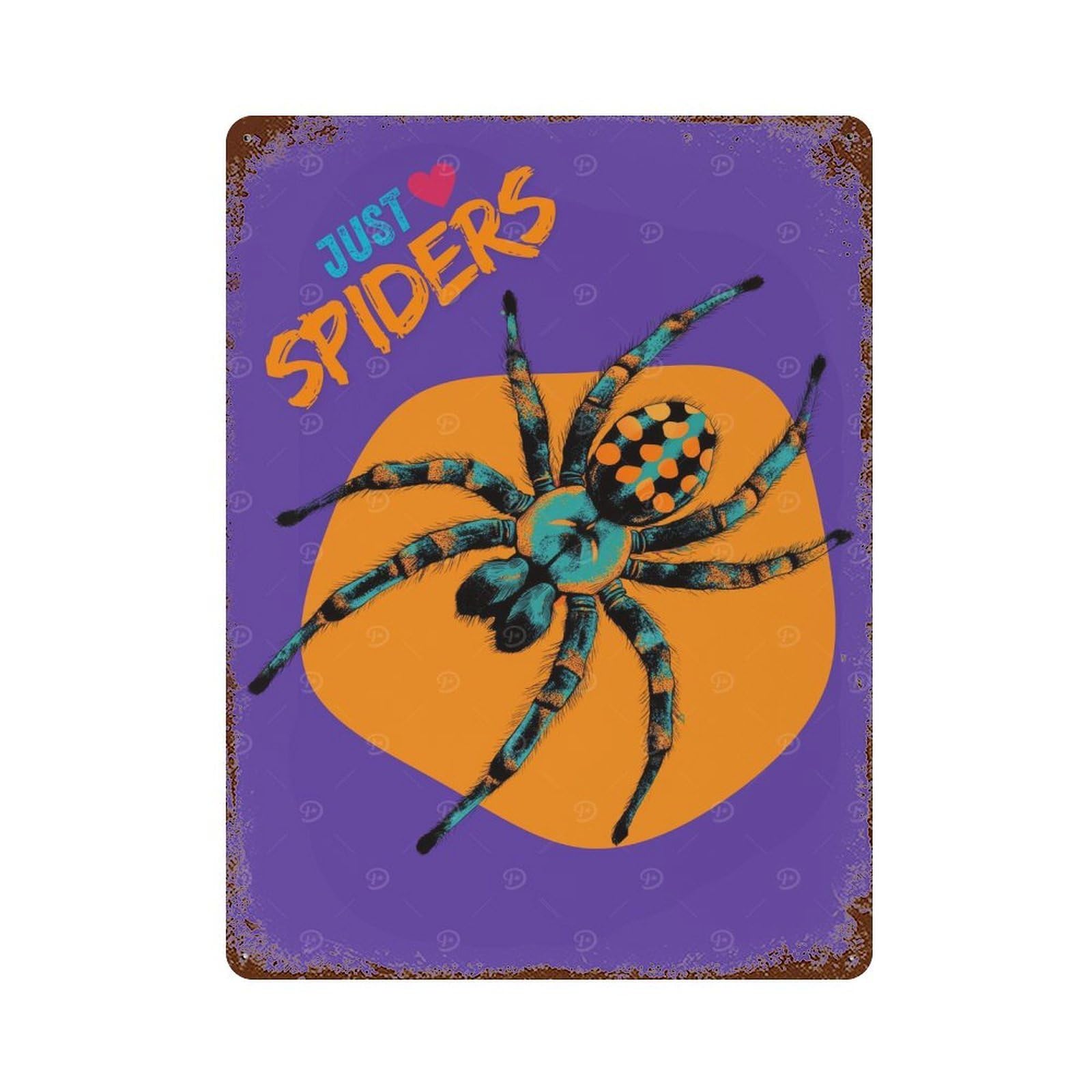 Vintage Rust Metal Sign Just Love Spiders Graphic Art Arachnid Art 15.7"x11.8", Shabby Chic Decor for Cafe, Home Bar And Lounge Decor
