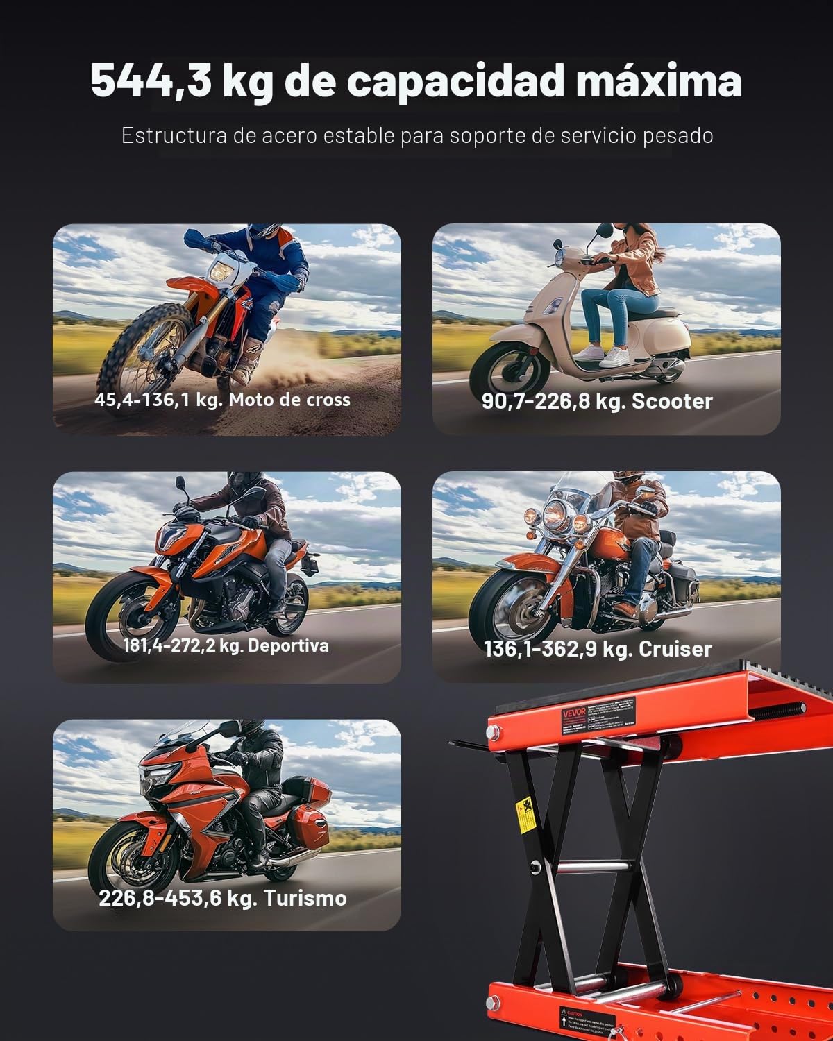 VEVOR Gato de Tijera para Motocicleta, Carga 544 kg, Rango de Altura 105 a 380 mm, Acero Resistente, con Trinquete y Manivela para Vehículos Todo Terreno y Motos Cross, 420 x 240 x (105-380) mm