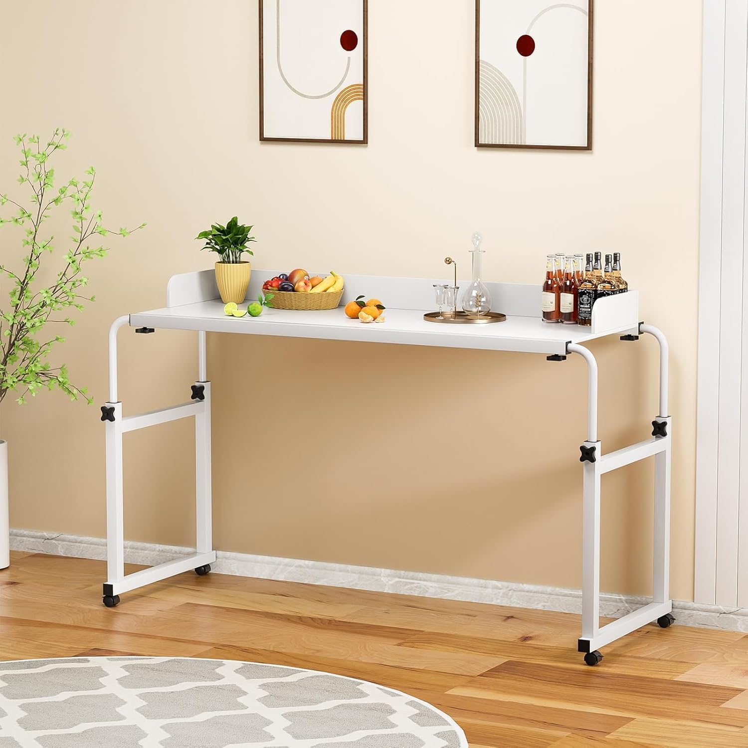 Table de lit Extensible 140-210 cm avec roulettes - Mobile et surélevable 65-95 cm Table d'ordinateur Roulante au Dessus du lit Table de Soins,N(Color:Couleur Bois)