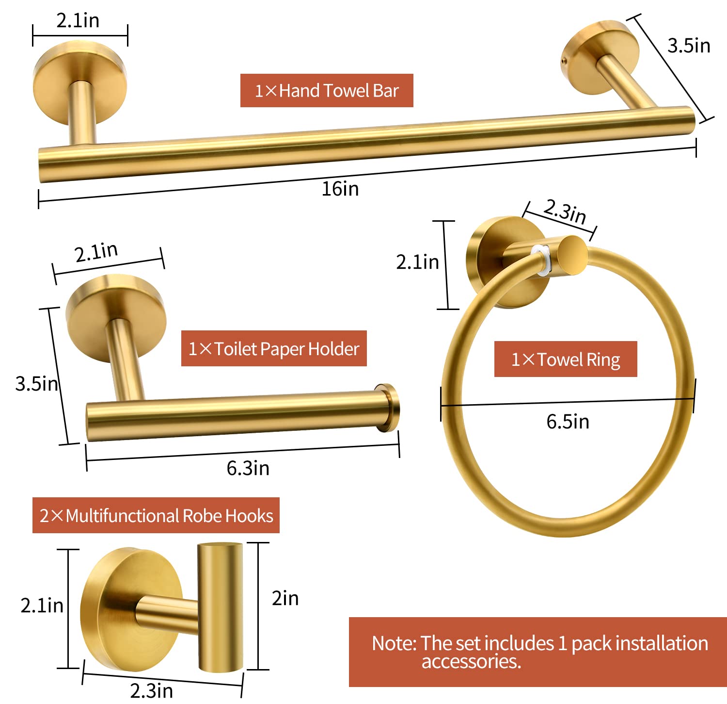 Set di 5 accessori da bagno in oro spazzolato, inclusi barre porta asciugamani da 40,6 cm, porta carta igienica, anelli per asciugamani, ganci per accappatoio