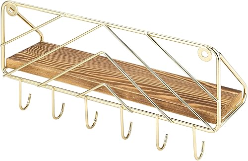 Miniatura 6 de MyGift Estante organizador de llaves de pared de latón de 12.4 pulgadas, estante decorativo de madera flotante para entrada montado en la pared con