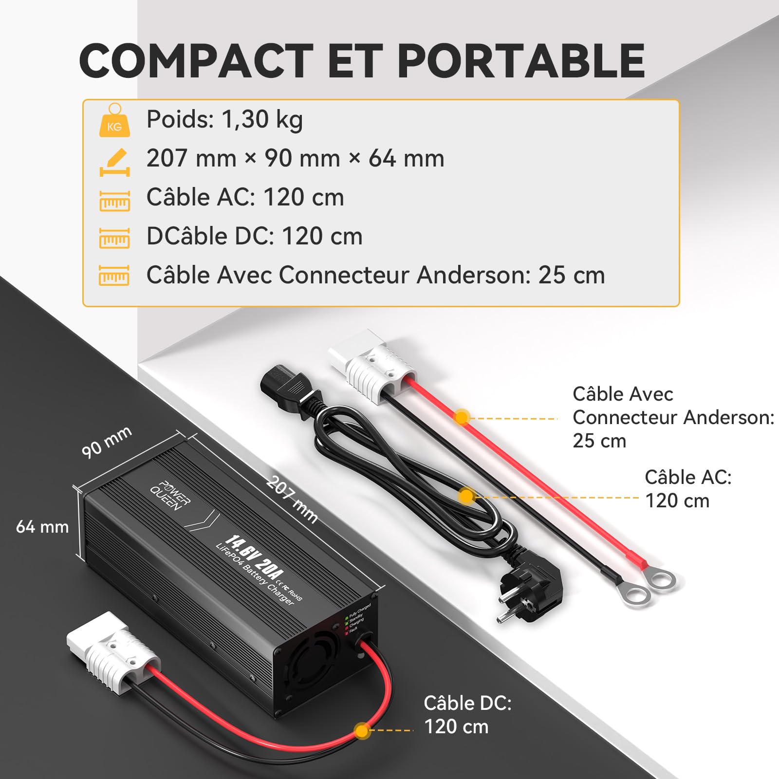 POWER QUEEN Chargeur de Batterie au Lithium 14,6V 20A, pour Les Batteries LiFePO4, LED pour Afficher l'Etat de Charge, Chargeur Batterie 12V avec 4 Fonctions de Protection | Activation 0 V, charge rapide, charge à 3 niveaux, indicateur LED, connecteur And