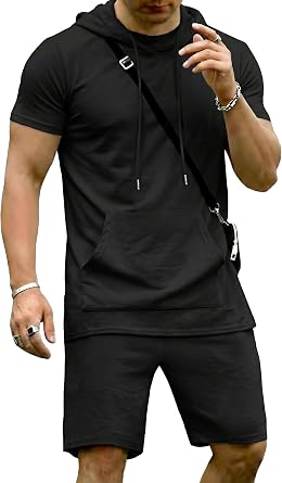 Uni Clau Mens 2 Piece Tracksuit Summer Workout Outfit Hooded Tanks Tops