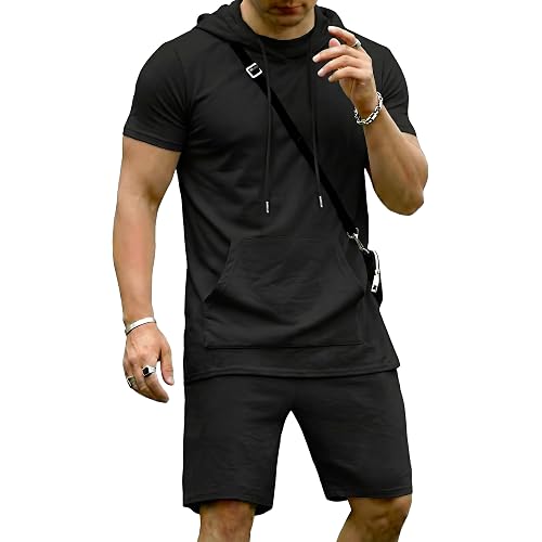 Uni Clau Men's Short Sleeve Summer Tracksuit Hooded Tanks Tops Sweatsuit 2 Piece Casual Sports Shorts Set