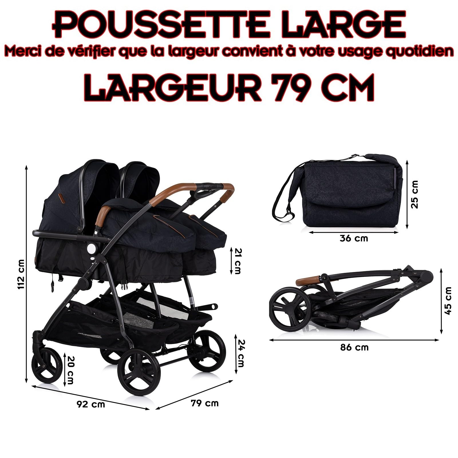 DUO SMART - Cochecito gemelos o niños juntos, ancho 79 cm, color negro sin acogedor