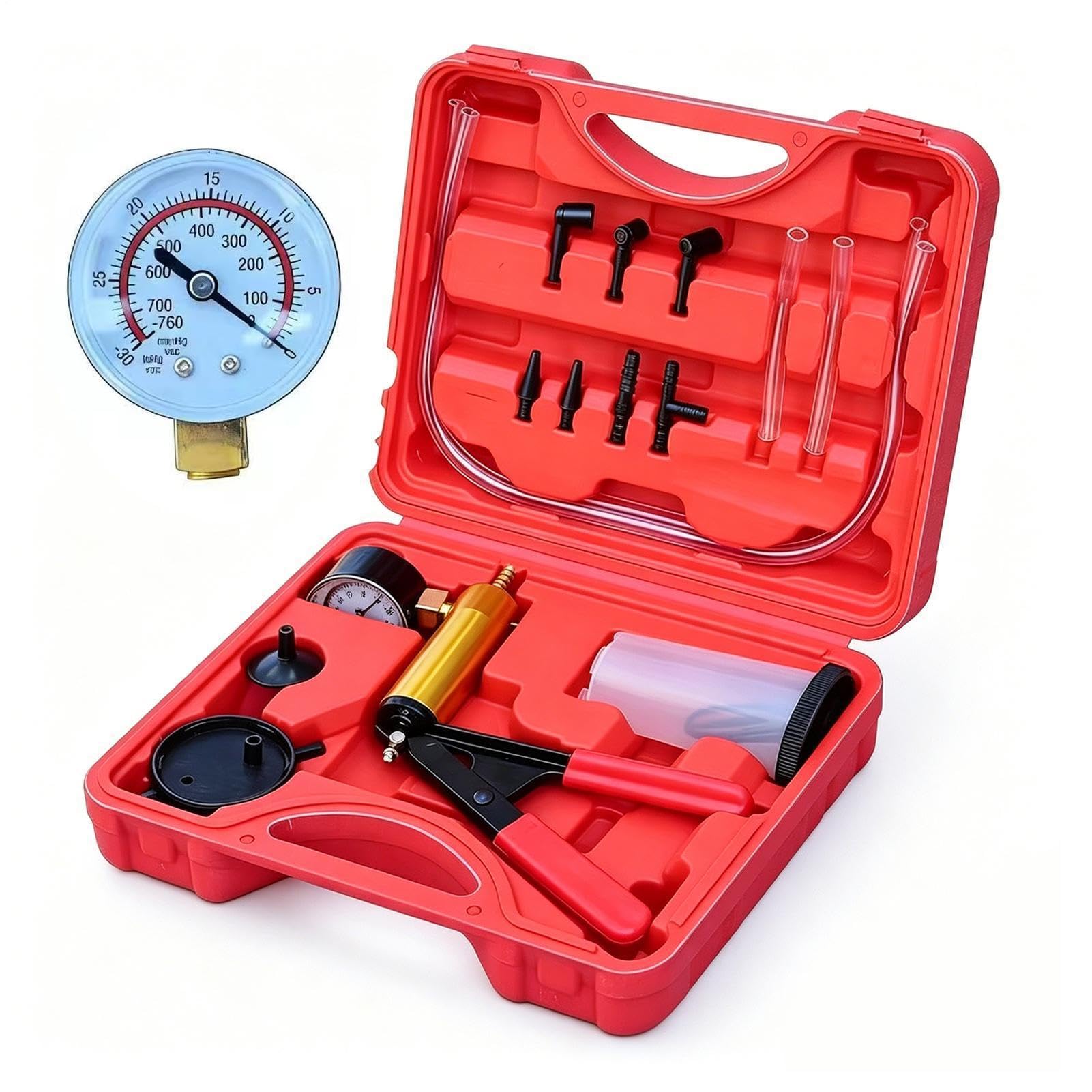 Generico Pompa A Vuoto Manuale - Set di Manometro E Tester di Pressione per Pompa A Vuoto | Kit Spurgo Freni | per Casa, Garage, Officina, Auto, Cambio Olio, Manutenzione E Riparazione