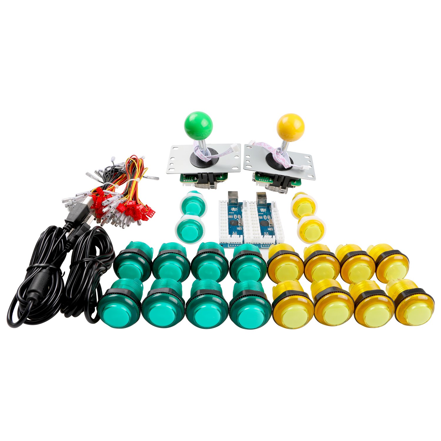 Led Arcade Diy Parts 2x Zero Delay Usb Encoder + 2x 8 Way Joystick + 20x Led Illuminated Push Buttons For Mame Jamma Arcade Project Yellow + Green Kit Sets