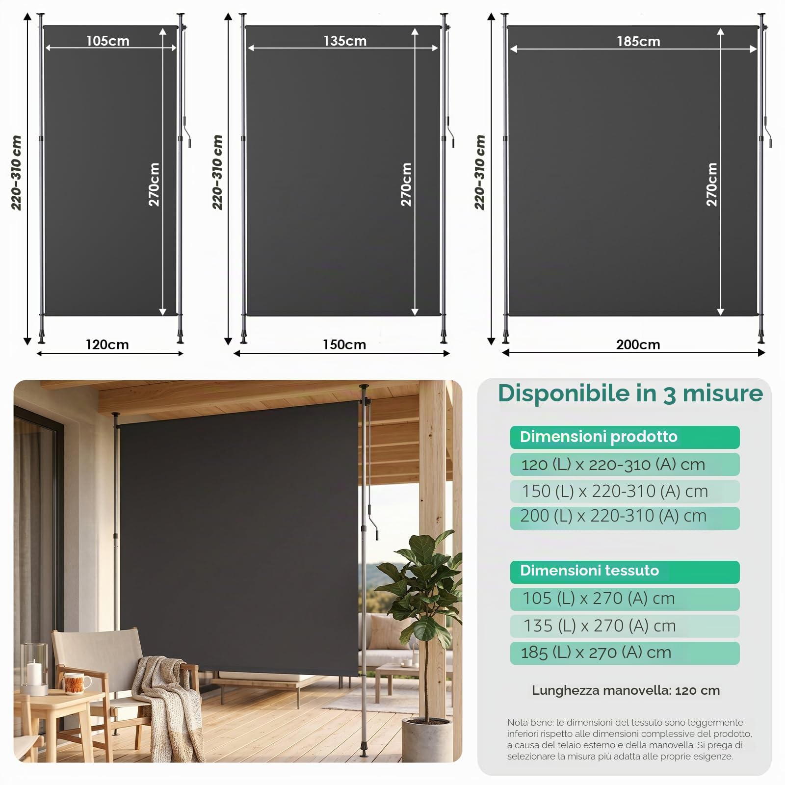 LIFERUN Tenda da sole verticale con morsetto, 120 x 310 cm, tenda da sole verticale allungabile, senza forature,con manovella, protezione solare dal vento, per balcone, giardino
