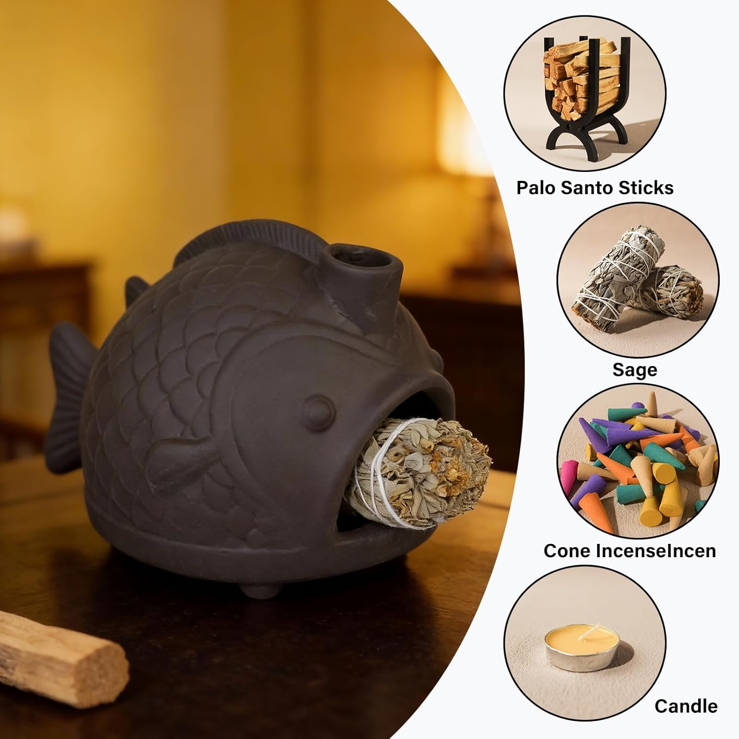 MOUGIGI Handmade Black Fish-Shaped Palo Santo Holder - Charming Sage Burner for Cone Incense & Chiminea with Chimney - Thoughtful Gift for Energy Cleansing, Yoga, Spa, Altar Decor & Aromatherapy
