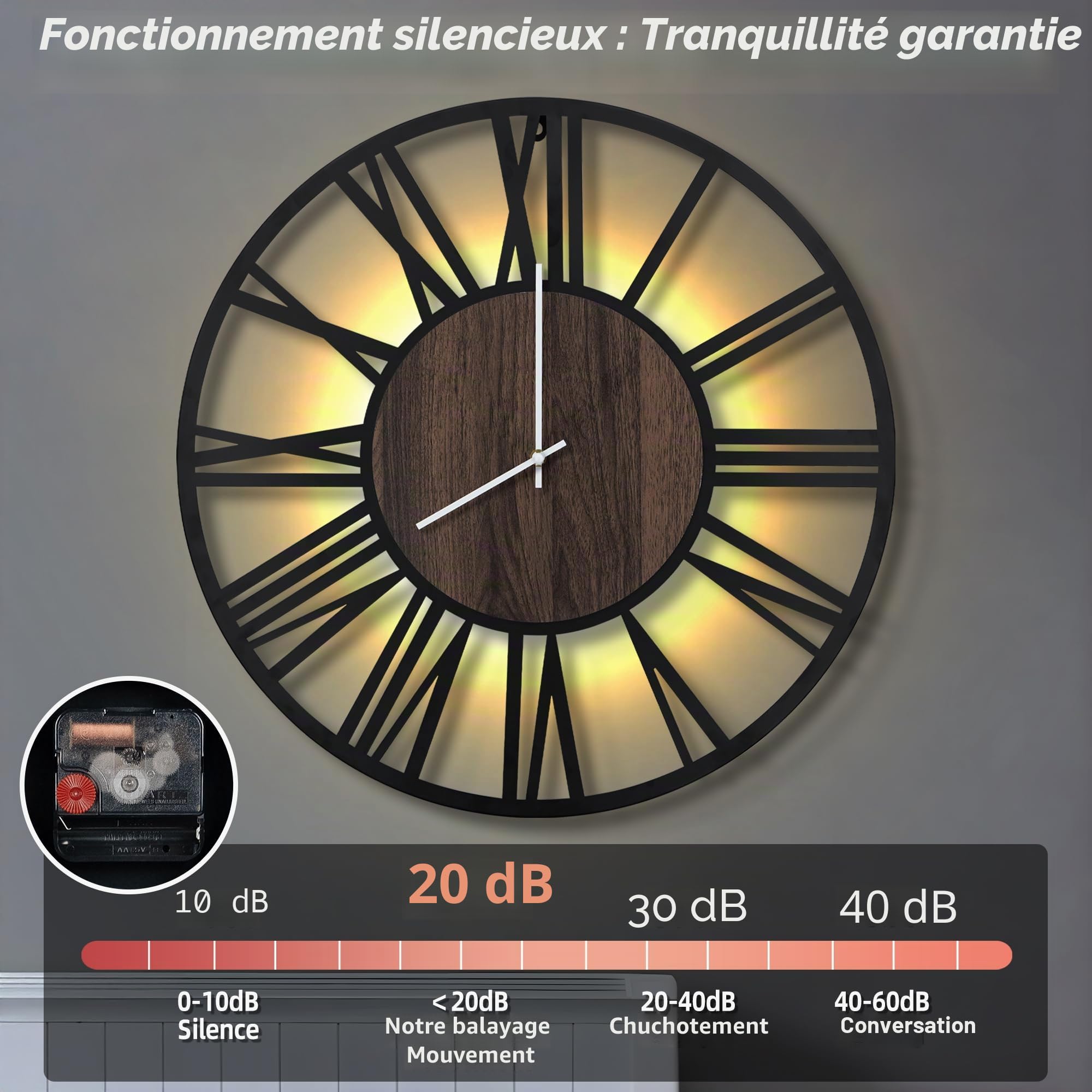 Maxstar Horloge Murale 80cm Silencieuse Style Bois Métal LED Moderne Chiffres Romains Noir