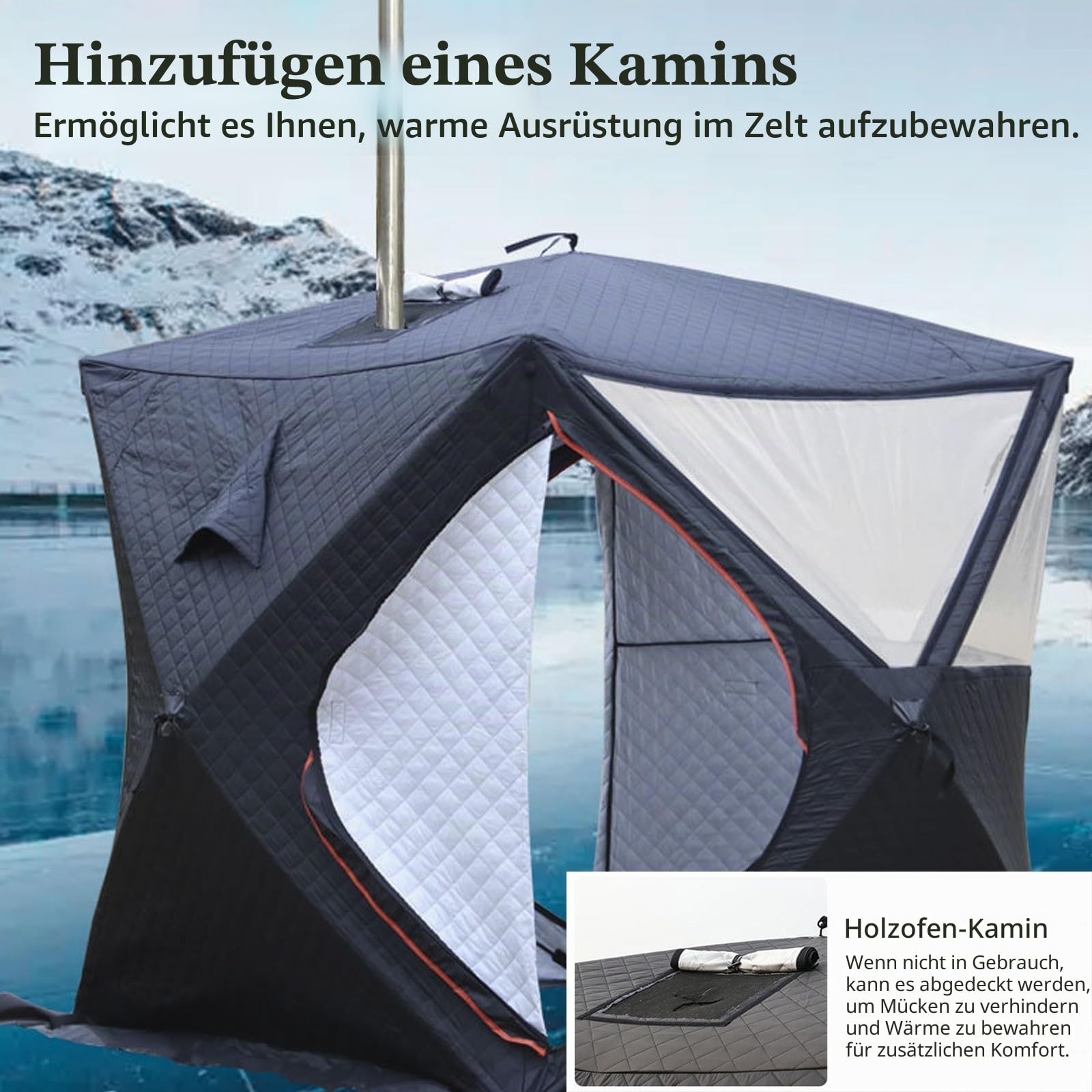 Outdoor Saunazelt,Isoliertes Allwetter Angelzelt für 4 Personen mit Schornstein,stabil und Panorama, Einfach Aufzubauen,ideal für Camping und Schneefischen