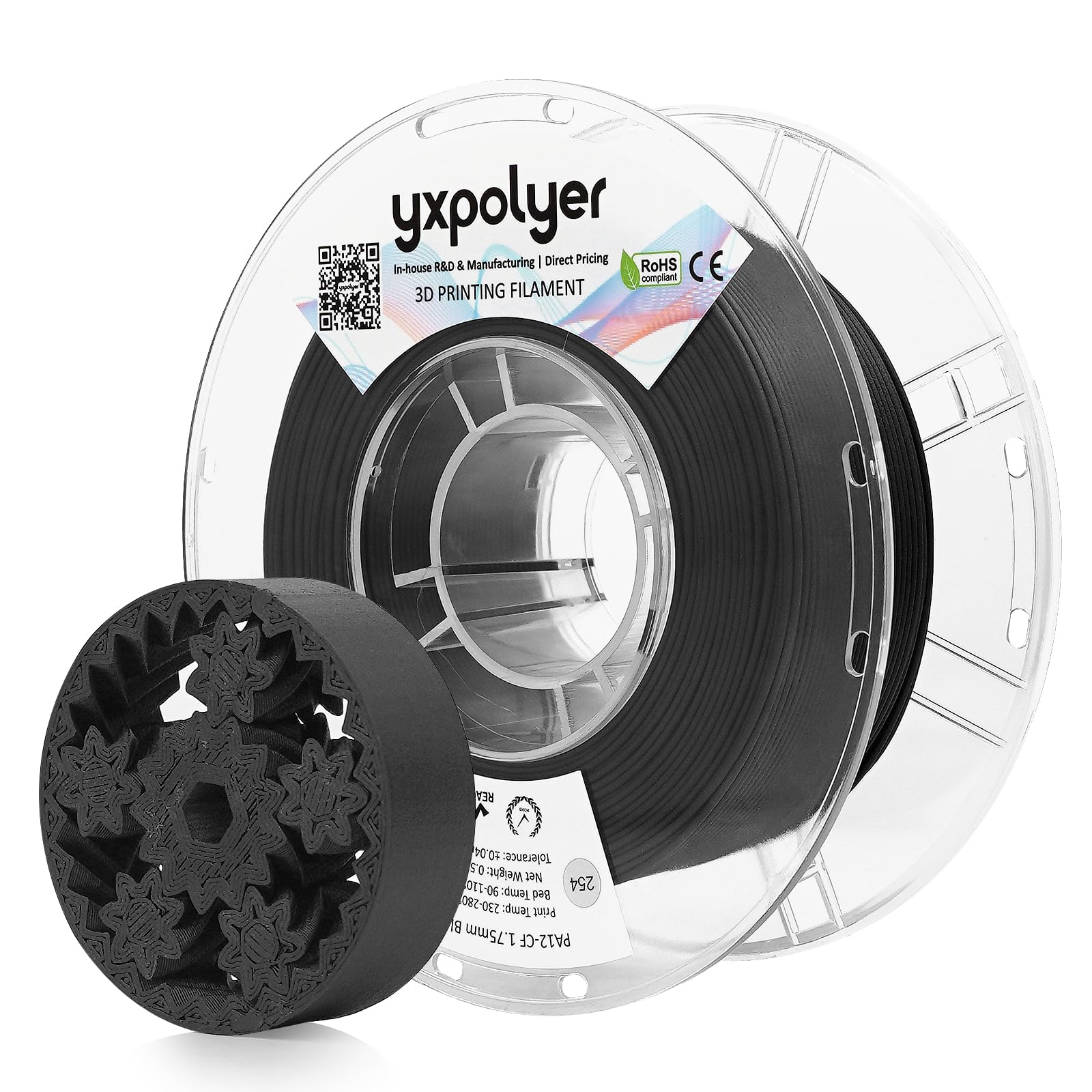 yxpolyer Nylon Carbon Fiber Filament PA12-CF 3D Printing Filament 500g with AMS-Compatible PC Heat-Resistant Spool