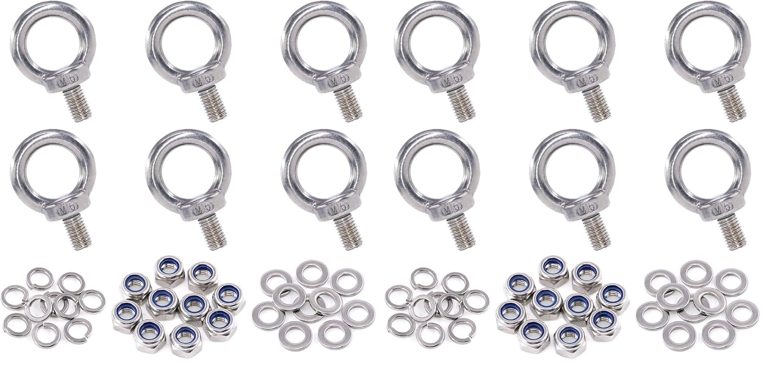 Swpeet 36Pcs 304 Stainless Steel M6 Male Thread Lifting Ring Eye Bolt Kit, Including 6Pcs M6 Eye Bolt with 10Pcs Lock Nuts, 10 Lock Washers and 10Pcs Flat Washers (Pack of 2)