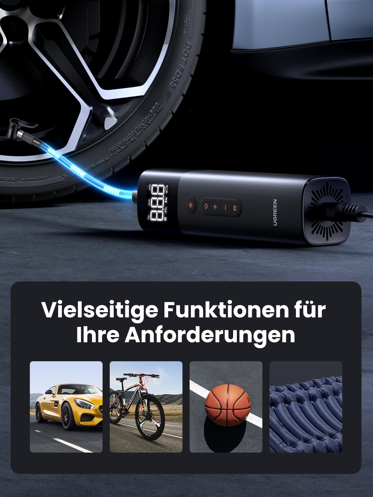 UGREEN Luftpumpe mit Zigarettenanzünder (0.2-10.3bar / 3-150psi )Elektrischer Kompressor Tragbar Fahrradpumpe Mini Reifenpumpe mit Digital LED Anzeige LED Licht für alle Fahrräder Motorräder und Autos
