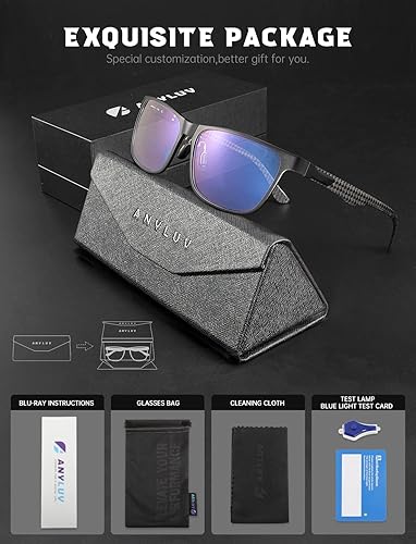 Miniatura 8 de ANYLUV Lentes de luz azul para hombres, templos de fibra de carbono mejorados, anteojos de juegos de computadora estilo rectangular con UV400 (negro)