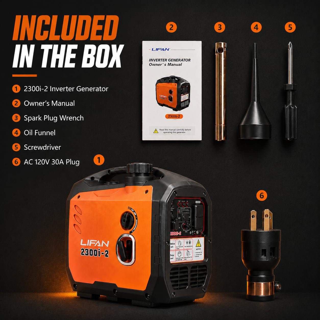 LIFAN Generador inversor de gasolina de 2300 W, portátil, silencioso y eficiente en combustible, solución de energía para el hogar, camping, RV y uso de emergencia con capacidad paralela