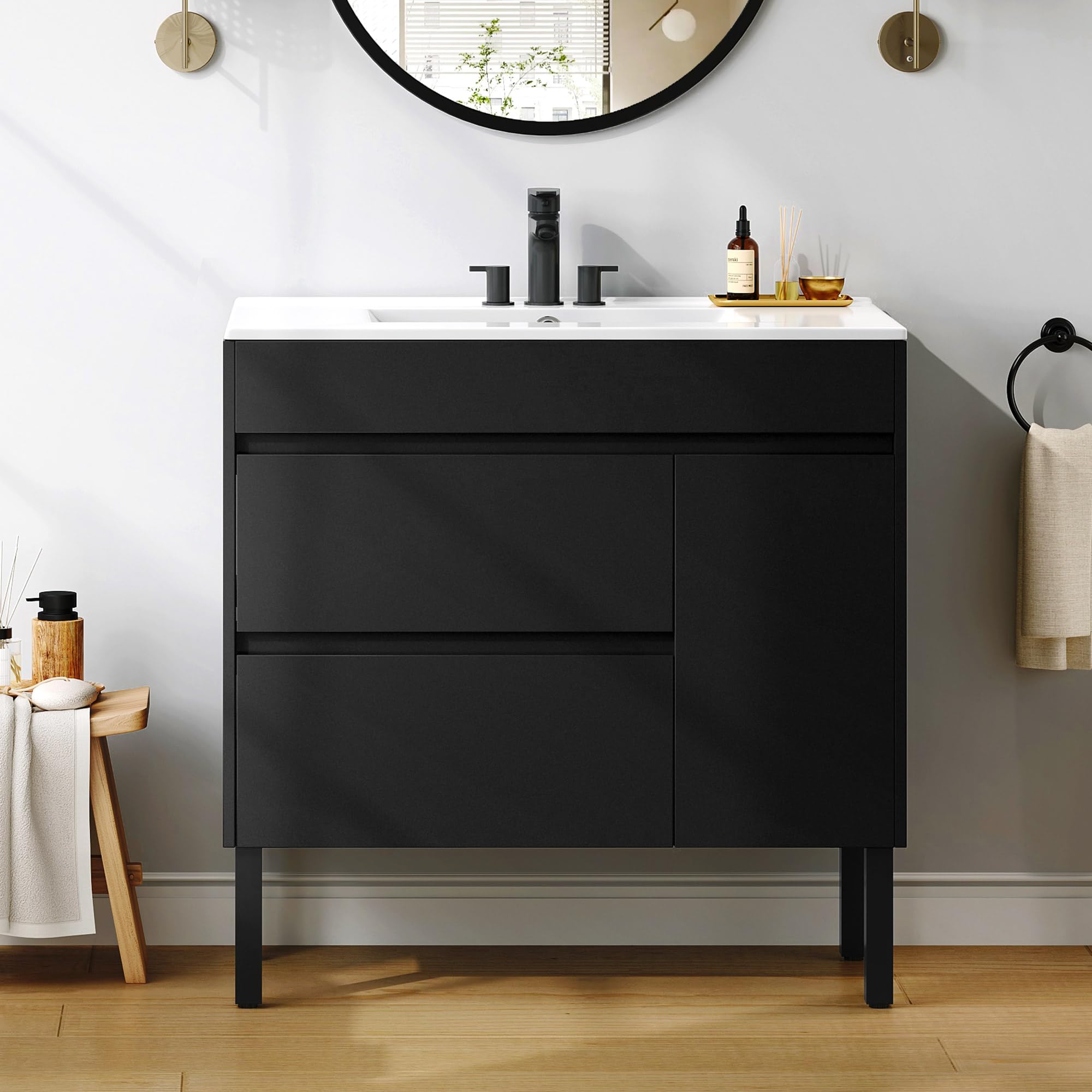 YITAHOME 36 Inch Bathroom Vanity with Sink, Bathroom Cabinet Vanity for Media Space, Freestanding Storage Bathroom Vanity with 1 Soft Closing Cabinet & 2 Drawers, Black