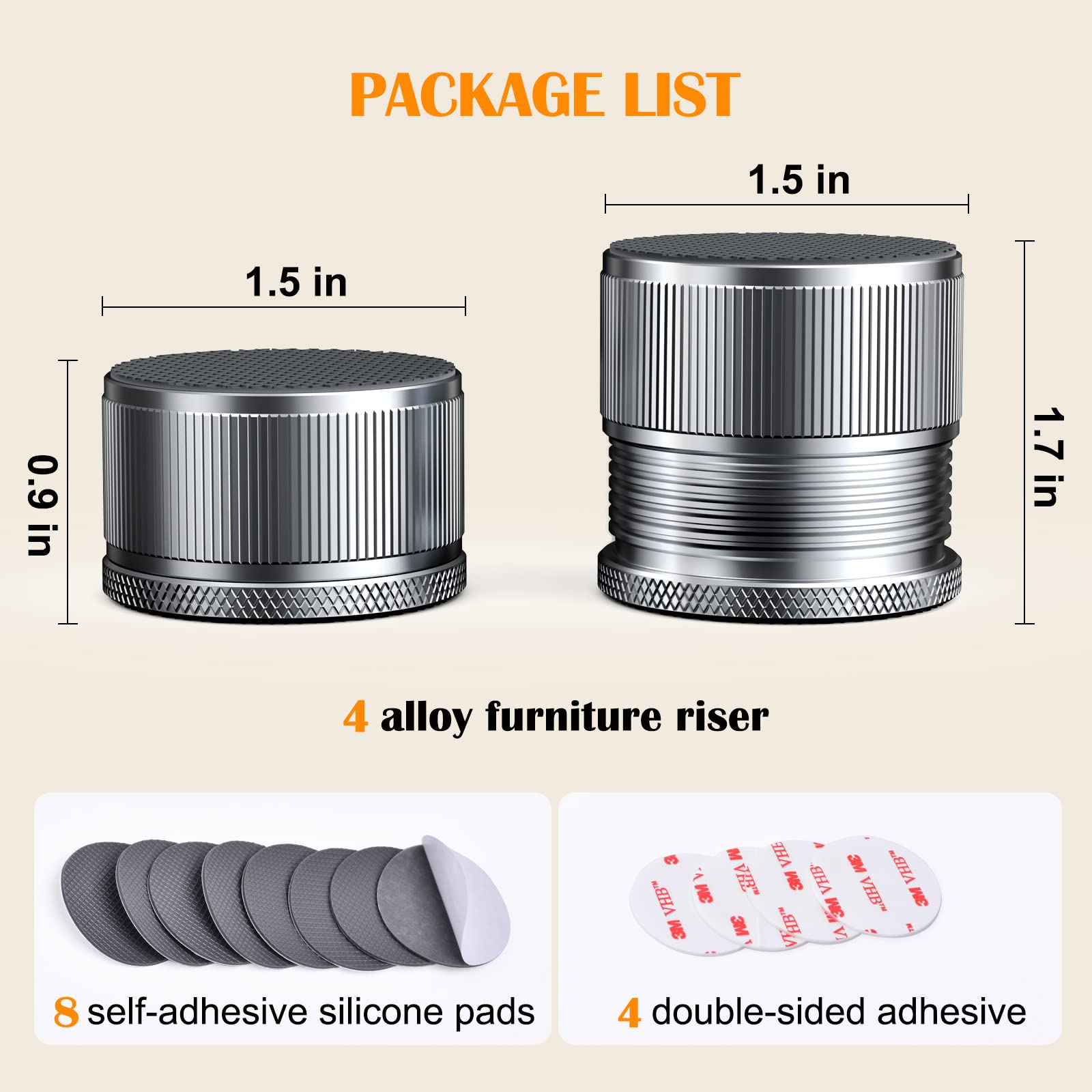 Elevadores de cama de 1.5 pulgadas resistentes, elevadores de muebles de metal, autoadhesivos para ajustar la altura de 0.9 a 1.7 pulgadas, soporta hasta 2200 libras, juego de 4 unidades (gris)