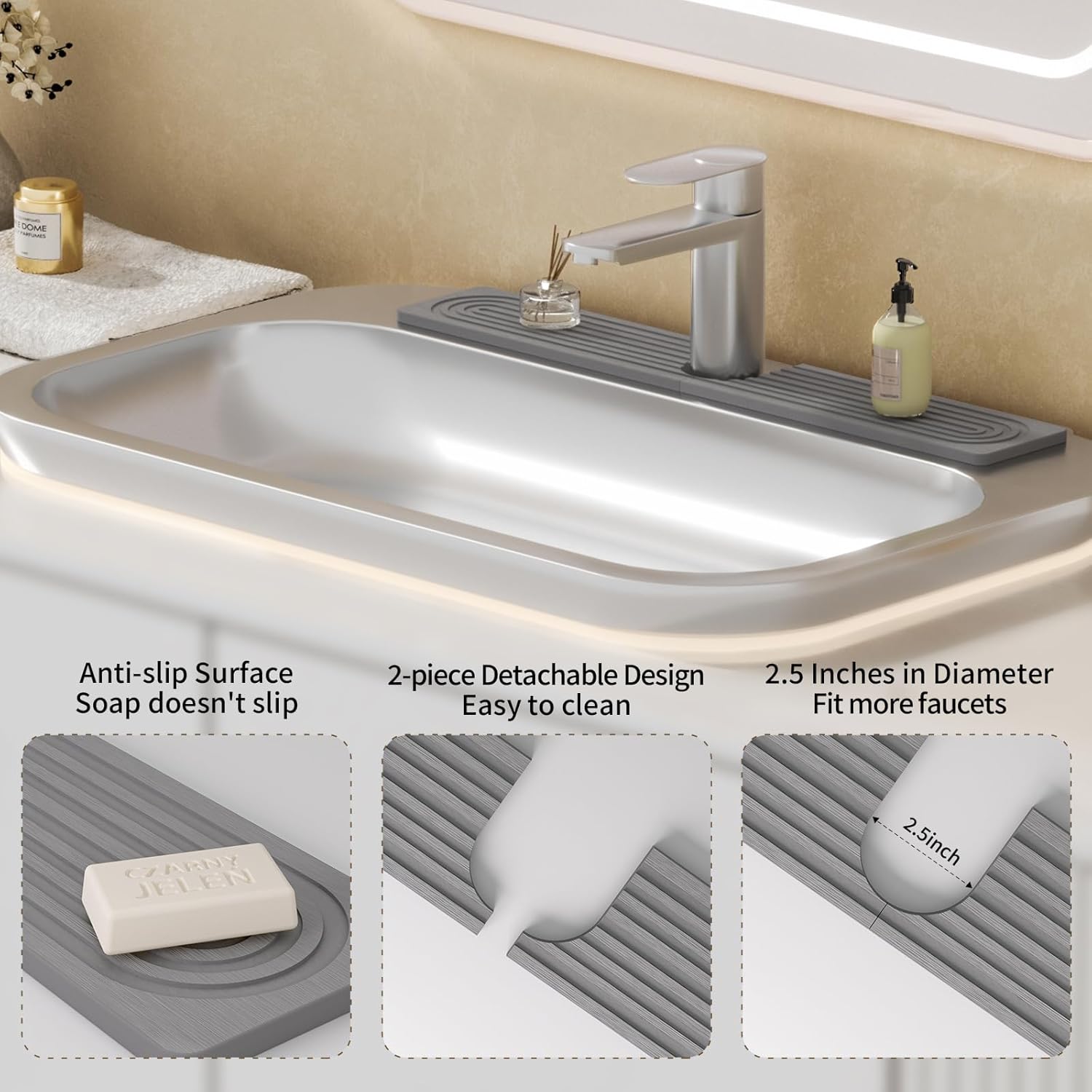 Faucet Mat for Kitchen Sink, Diatomite Stone Drying Sink Protectors, Bathroom Faucet Splash Guard, Quick Dry Water Absorbing, Non-Slip Stone Tray for Kitchen Counter, Grey, 23.6" x 3.9"