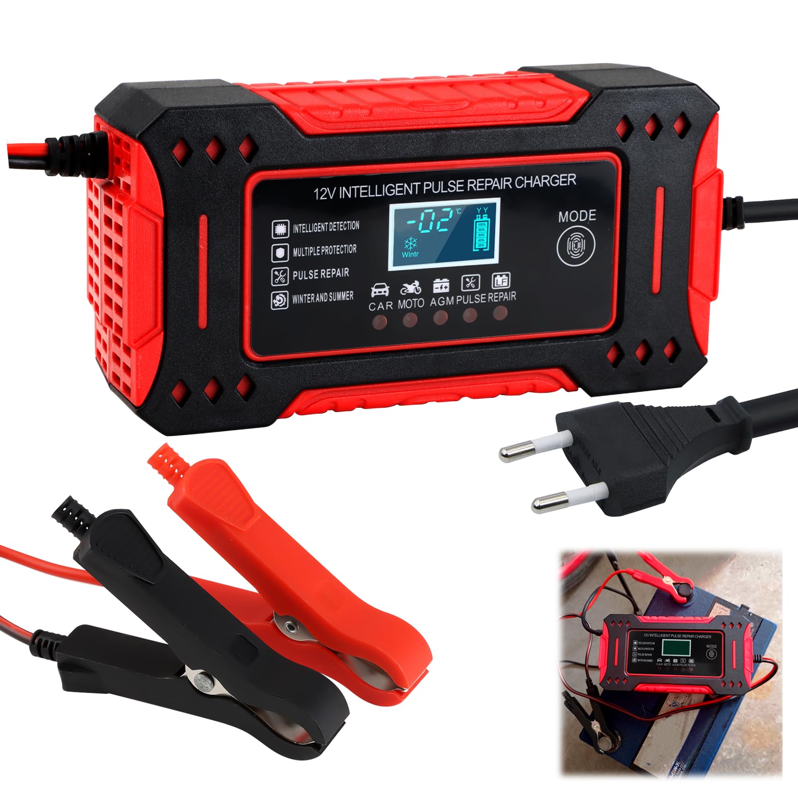 Chargeur Batterie Voiture 12V/6A Intelligent, Chargeur de Batterie Automatique avec Affichage Numérique pour Auto Moto Bateau Tondeuse à Gazon et Camion, Ajuste Tension Selon Température
