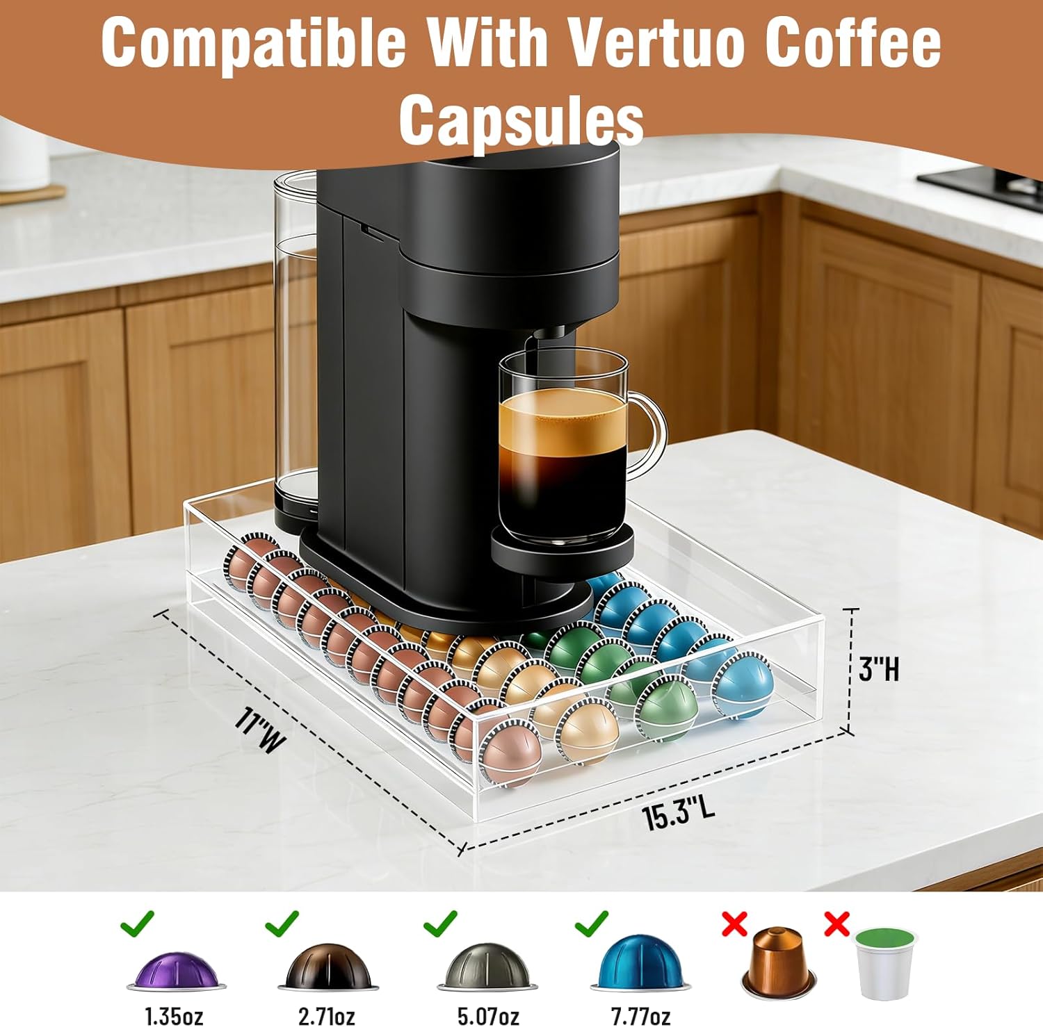 Jumyee Acrylic Coffee Pod Drawer for Nespresso Vertuo Pod Holder, Clear Coffee Capsule Organizer Storage Drawer for Counter 40 Pods