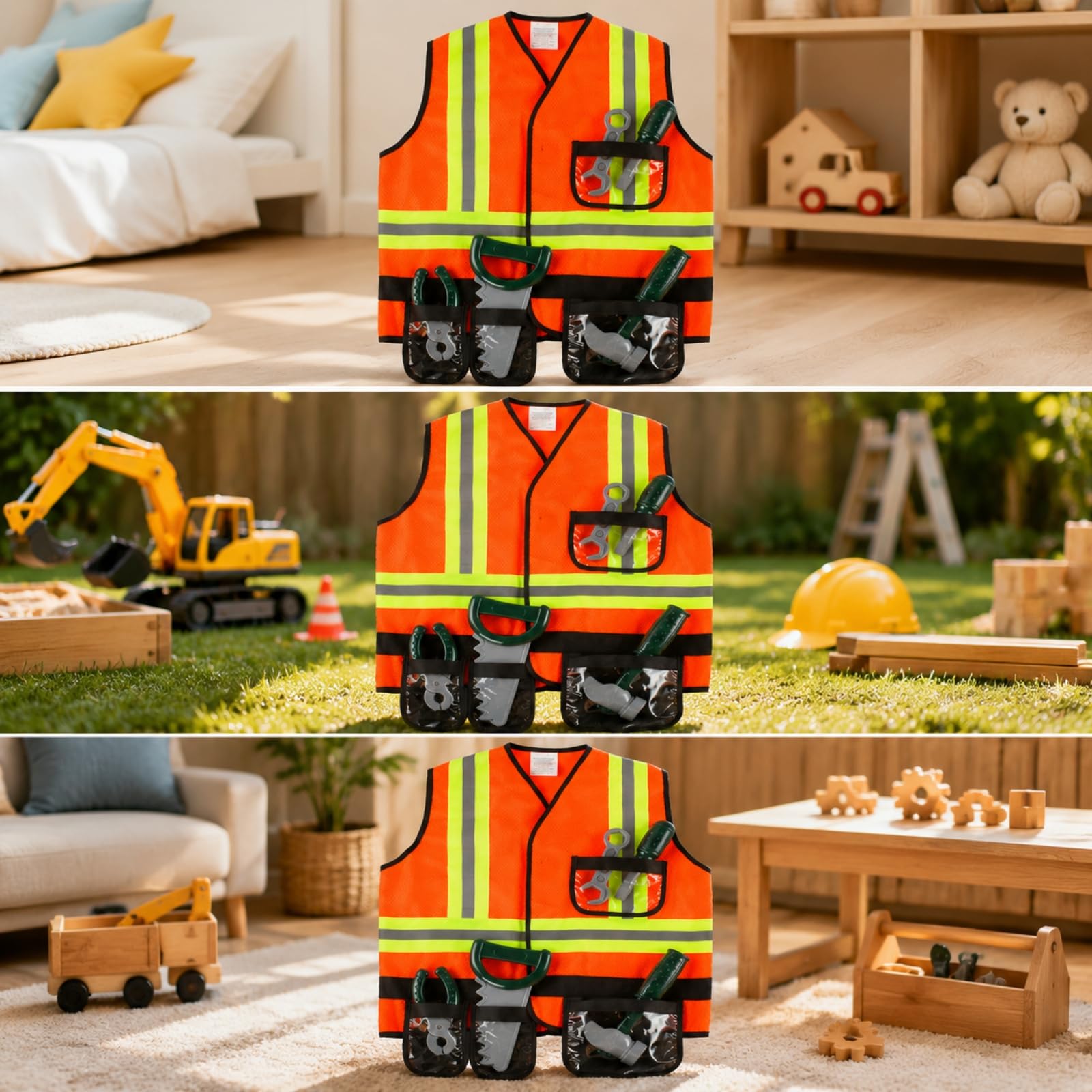 Harilla Disfraz de Constructor para Niños Juego de rol de Construcción Chaleco con Bolsillos Malla Transpirable y Tiras Reflectantes Adecuado para Juegos de