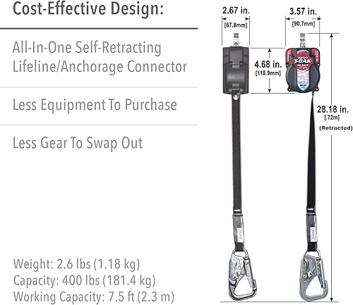 Miniatura 6 de Miller by Honeywell by Twin Turbo - Limitador de caída personal T-BAK de 7.5 pies con conector G2 (MFLTC-17.5 pies), negrorojo, capacidad de 400