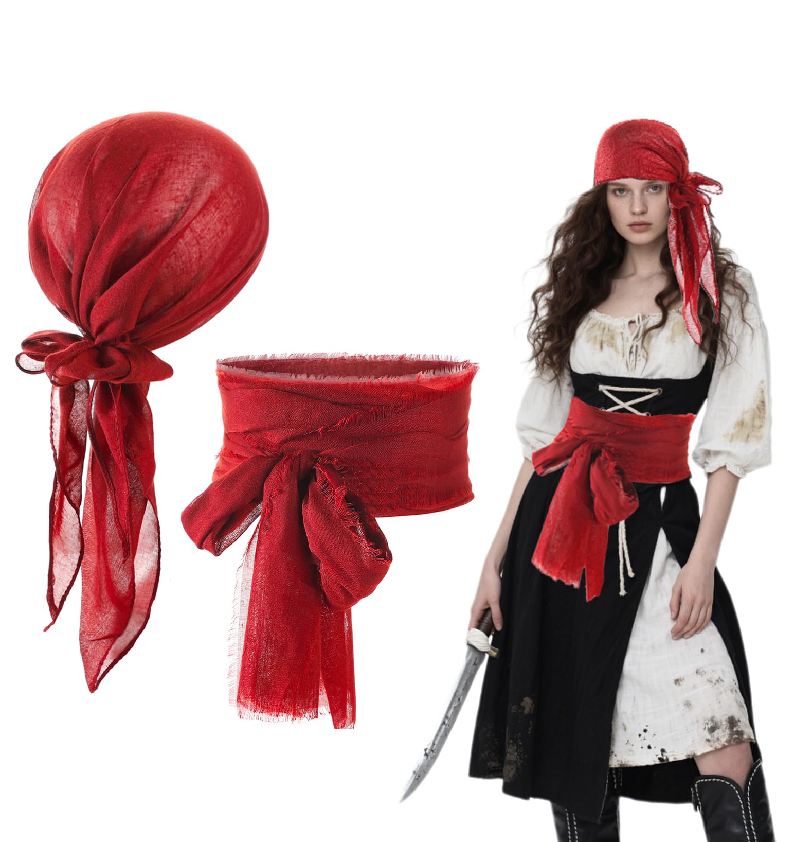 JNGUOSICN 2Pcs Pirate Costume Accessories Men Women Head Scarf Medieval Renaissance Headband Sash Belt Captain Accessories with Pirate Bandana Sash Belt Captain Dress Up Set for Cosplay