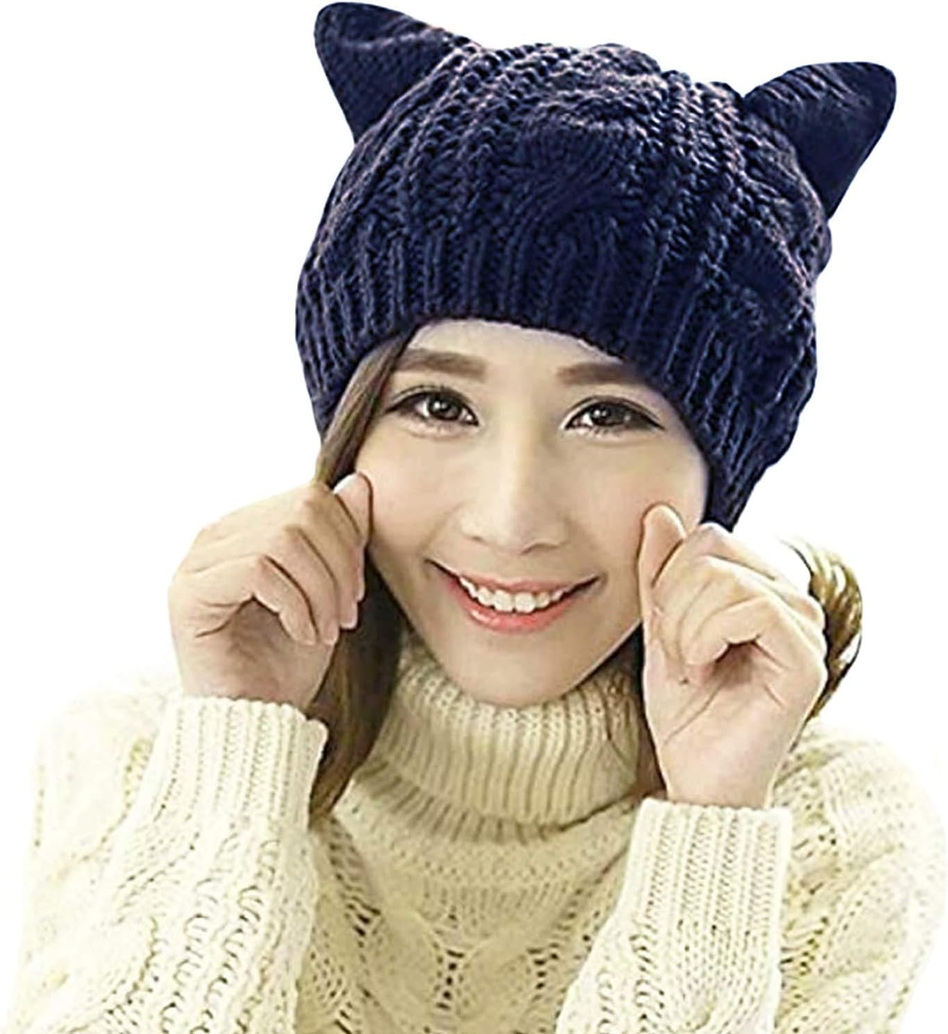 Women Girls Boys Teens Cute CAT Kitty Ears Hats, Winter Warm Woollike Knitted Crochet Christmas Ski Beanie Headgear