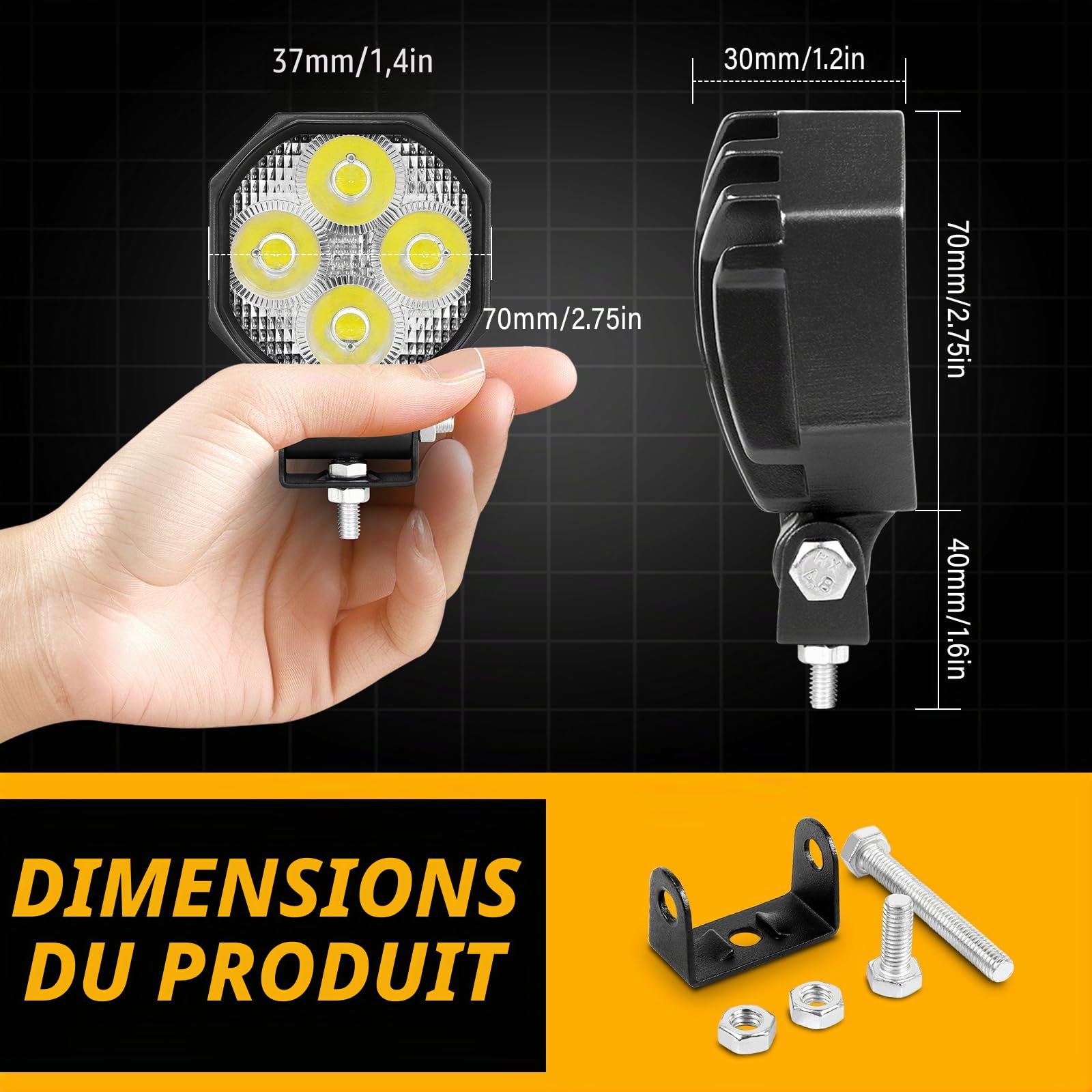RIGIDON 4x mini phare de travail led, 2,8 pouces 16W 1600LM, 12V 24V lampe | spotlight, étanche, projecteurs lumière, feux de travail, feu antibrouillard, pour offroad Voiture camions ATV 4x4 tracteur