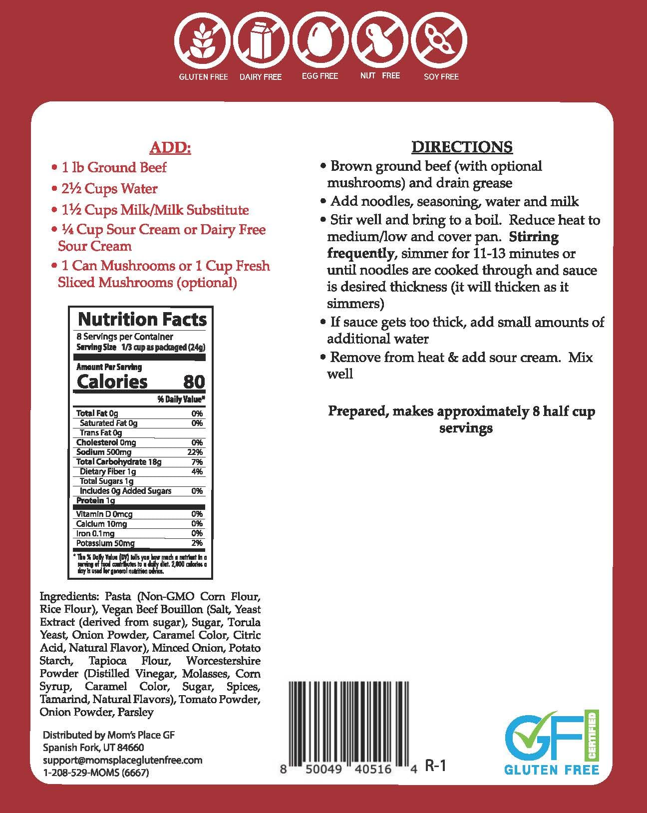 Mom's Place Gluten-Free Beef Stroganoff One Pot Skillet Meal - Easy to Make Meal Kit, Dairy Free, Nut Free & Soy Free, 8 servings, 6.7 oz