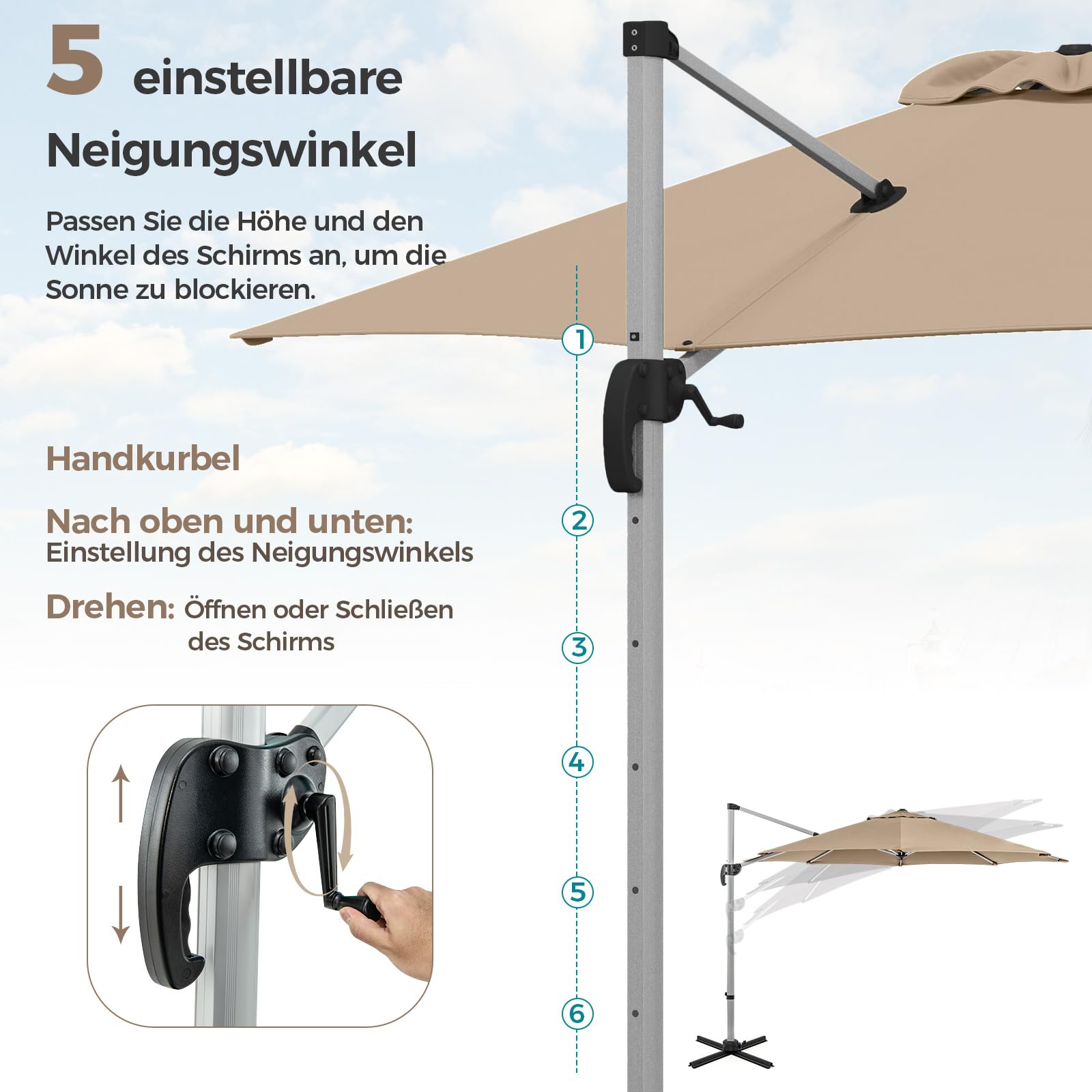 COSTWAY Parasol przeciwsłoneczny Ø 330 cm, z korbą, obracany o 360°, regulowany kąt nachylenia, UPF 50+, parasol ogrodowy, parasol tarasowy, do ogrodu, na taras, balkon, beżowy, 330 cm