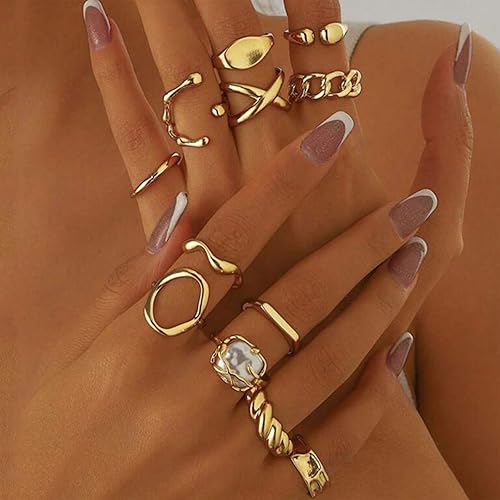 Vista 3 de Juego de 12 anillos gruesos para mujer, anillos de oro que no se deslustra, anillo ajustable para mujer, anillo vintage apilable, joyería gruesa