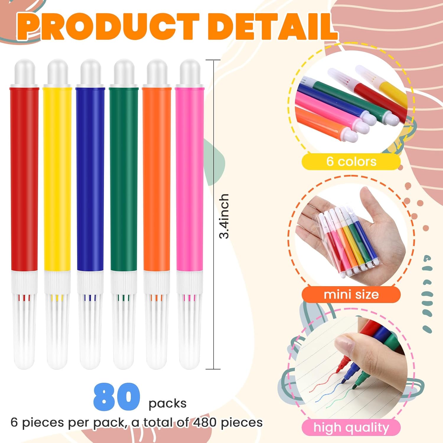 Watersay 480 Pcs Mini Markers Bulk Colored Pen 3.4 Inch Vibrant Colors Portable Short Colored Markers Assorted Multicolor Watercolor Marker Pen for Adult Office Supplies (6 Colors)