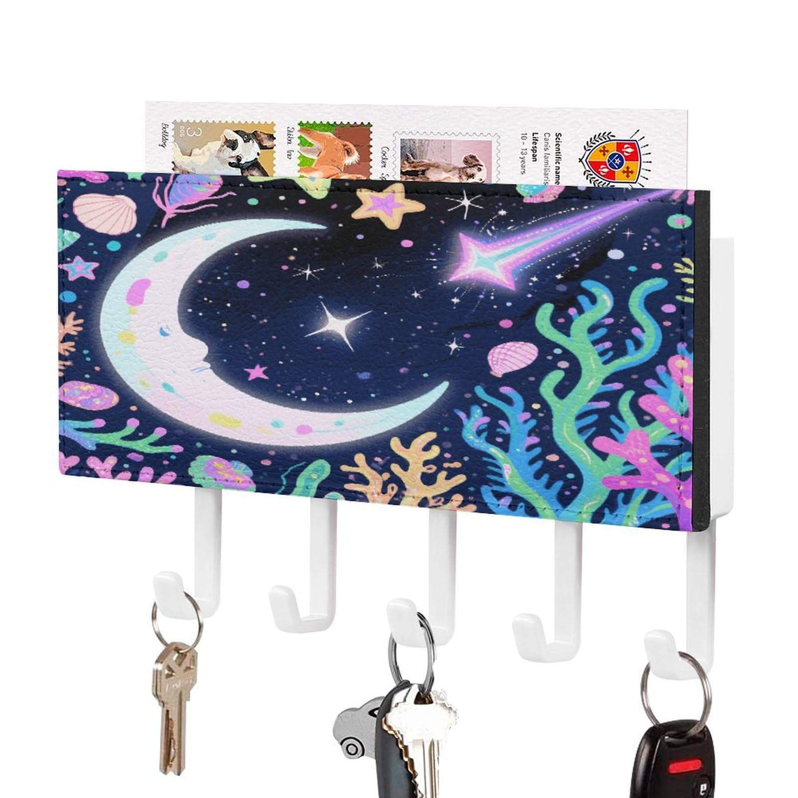 FekiLoot Star Ocean Pattern Key Holder for Wall Decorative Mail Organizer with 5 Key Hook Self Adhesive Key Rack with Tray Coat Rack Wall Mount Key Hanger Decor for Entryway Door