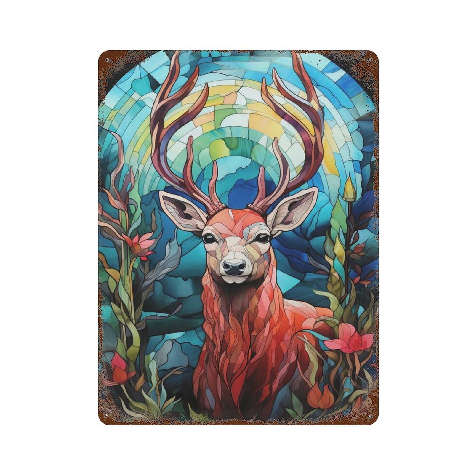 Stained Glass Deer Portrait 15.7"x11.8" Vintage Rust Metal Sign, Decorative Metal Wall Art for Living Room, Hallway And Home Decor