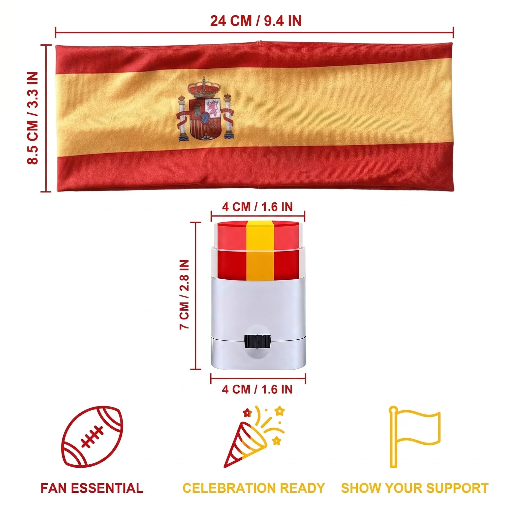 Lot de 2 Bandeau Élastique Et Stick Maquillage Drapeau Espagnol Rouge Jaune Accessoire Supporteur Carnaval Fête Nationale Déguisement