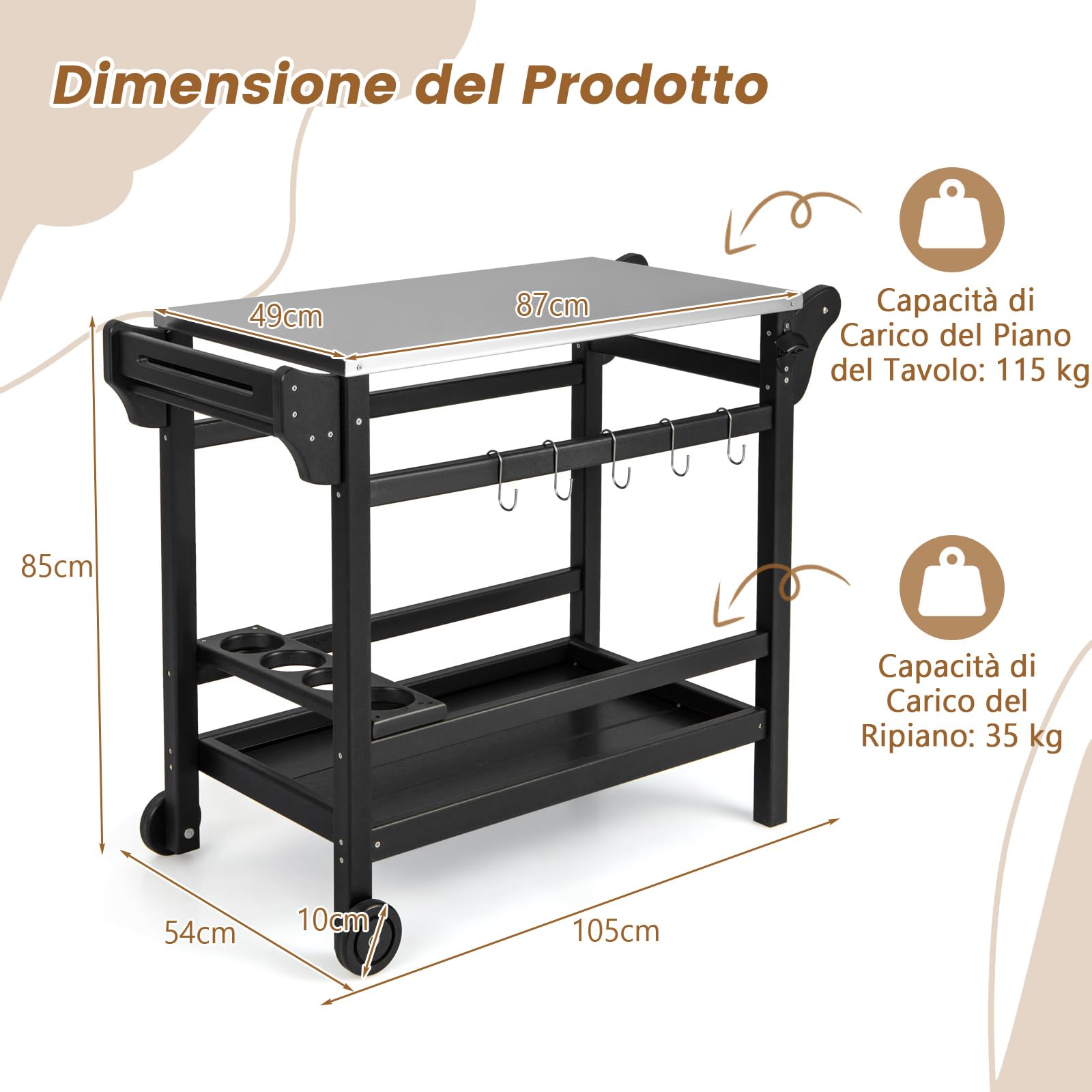 GYMAX Tavolo Carrello Griglia Esterna, Tavolo Multifunzione per la Preparazione del Cibo con Piano di Lavoro in Acciaio Inossidabile, Telaio HPDE, Tavolo Carrello da Pranzo Esterno con Ruote
