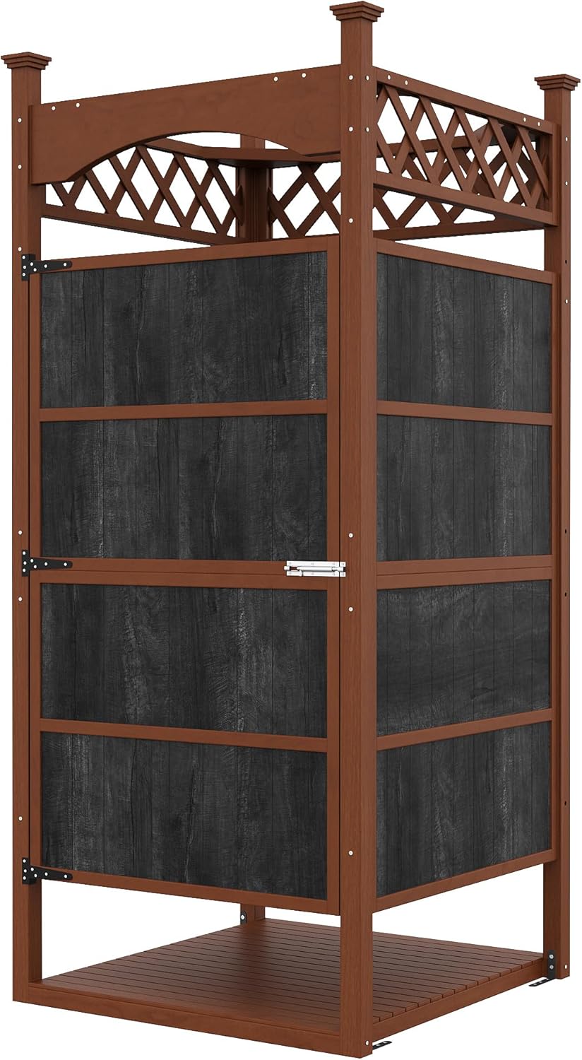Outdoor Shower Enclosure with Shower Mat & Lockable Door, Solid Wood Privacy Outside Shower Stall, Outdoor Changing Room for Pool Wash Station, Patio or Beach Rinse Station