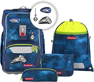 Step by Step Giant 5-Piece School Bag Set, Green, Ergonomic Satchel with Reflectors, Height Adjustable with Hip and Chest Strap, for Children from 1st Grade, 23 Litres, Starship Galactus, Backpack