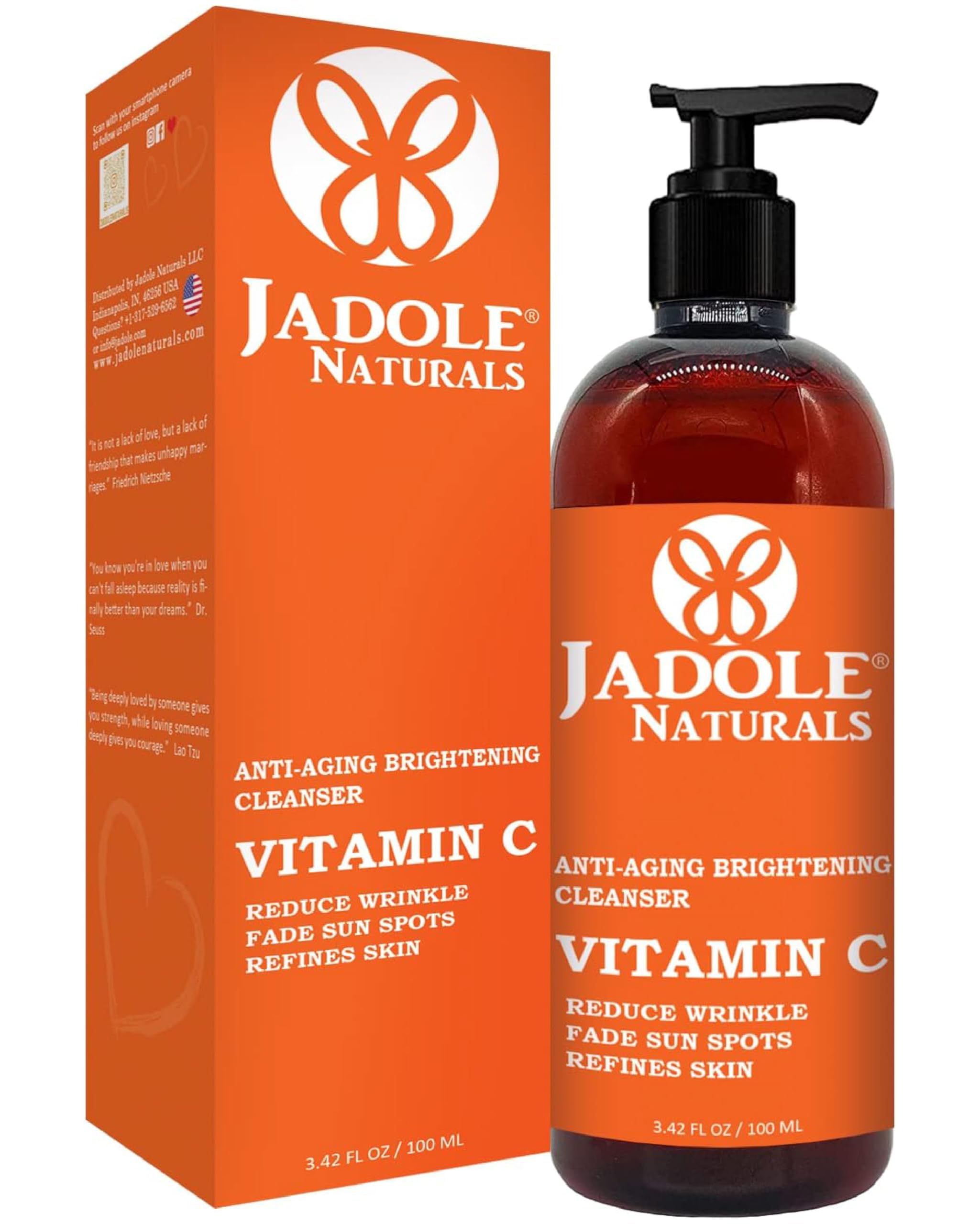 Jadole Naturals Vitamin C Facial Cleanser 100ml for Anti-Aging, Fine Lines, Age Spots & Dark Circles, Radiant Glow & Even Skin Tone, Enriched with Aloe Vera & Vitamin E for Refreshing & Hydrating Skin