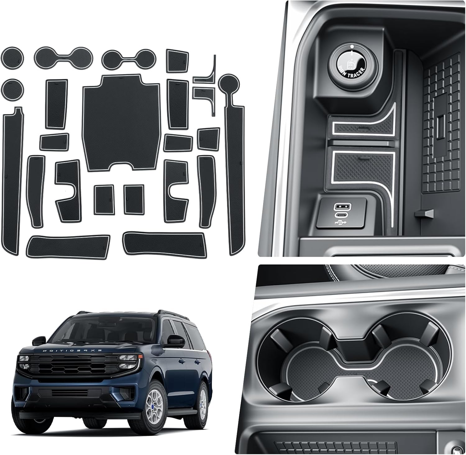 BIBIBO Door Slot Mat for Ford Expedition Accessories Door Groove Gate Pad 2025 Expedition Door Compartment Cup Pad Center Console Liners 2025 Expedition Floor Liners 23Pcs