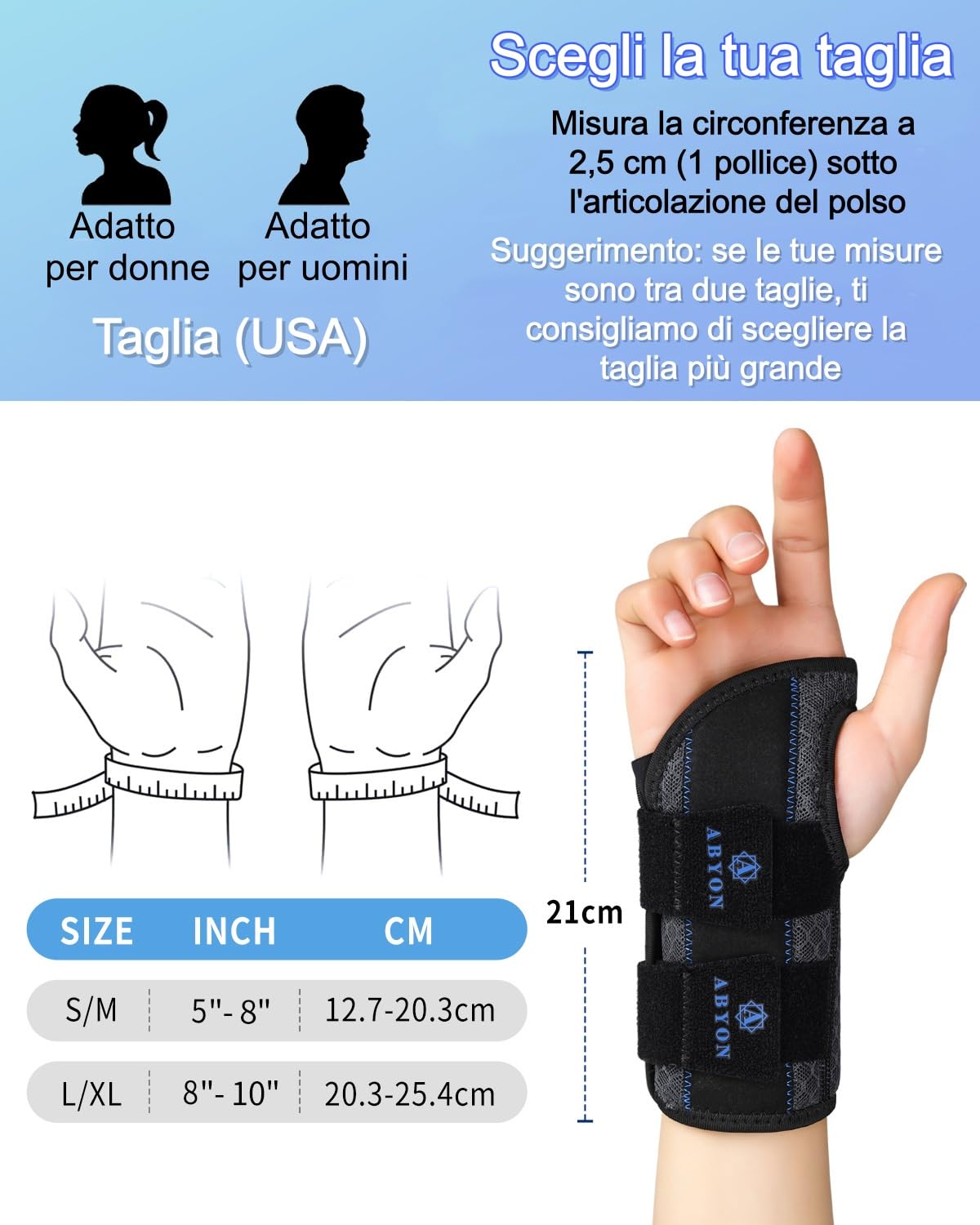 ABYON Fascia Polso con Stabilizzatore, Supporto Ergonomico per Tunnel Carpale, Mesh 3D Traspirante e Fodera Morbida per Tendiniti, Distorsioni e Recupero Notturno (Sinistro/Destro)