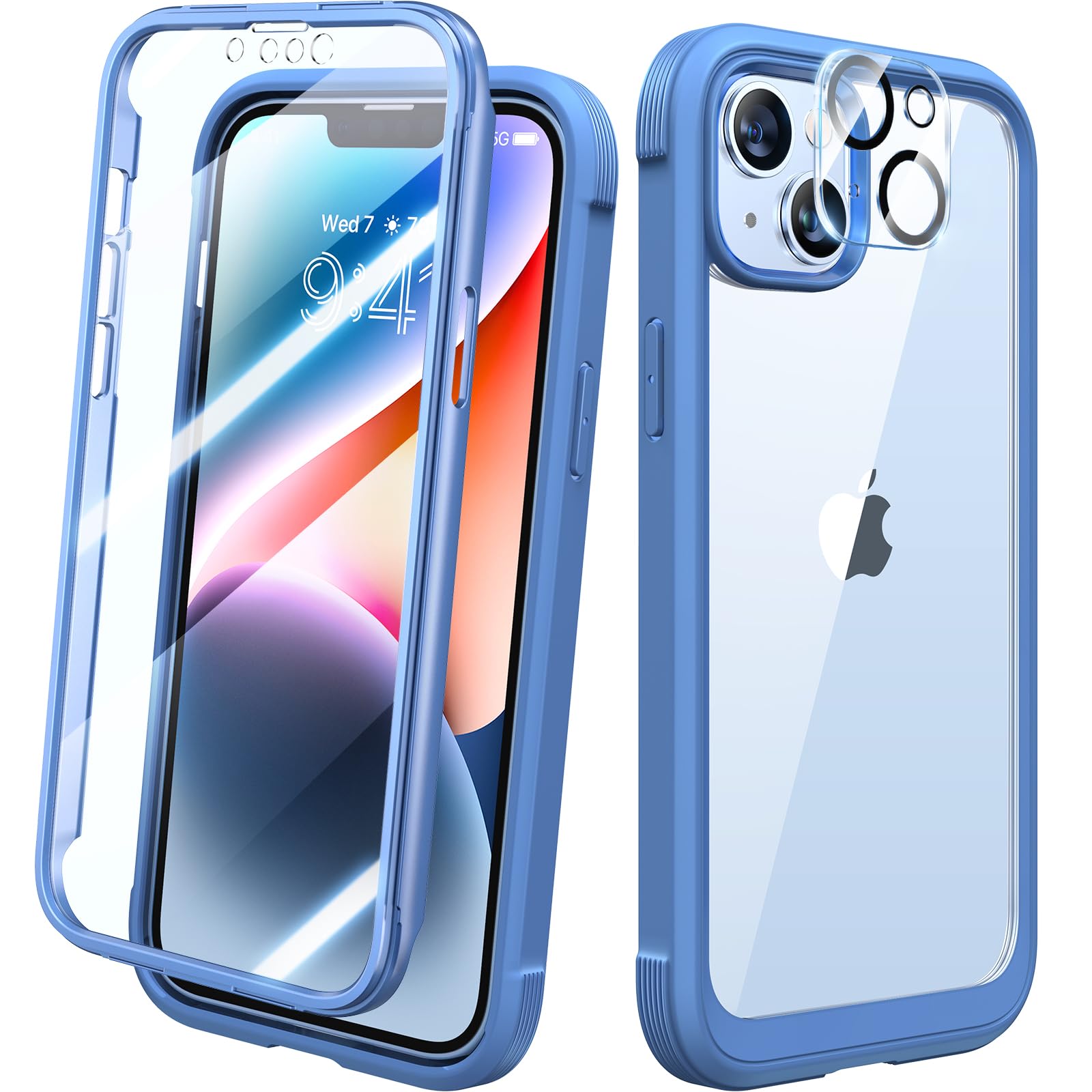 Diaclara Designed for iPhone 14 Plus Case, Full Body Rugged Case with Built-in Touch Sensitive Anti-Scratch Screen Protector, with Camera Lens Protector (Blue and Clear)