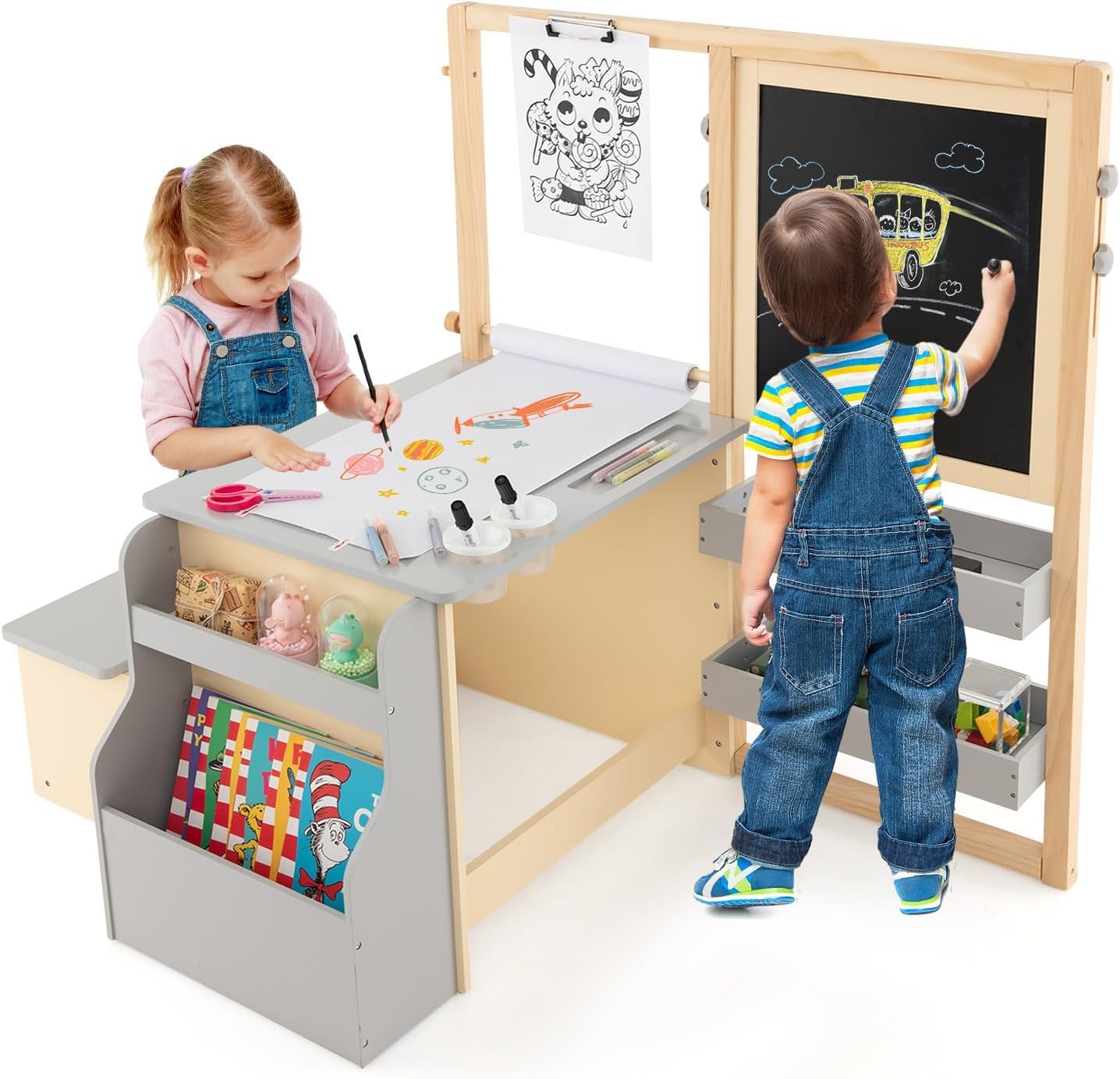 3 in 1 Kids Art Table and Chair Set, Toddler Craft and Play Wood Activity Desk with Double-Sided Easel Blackboard Whiteboard