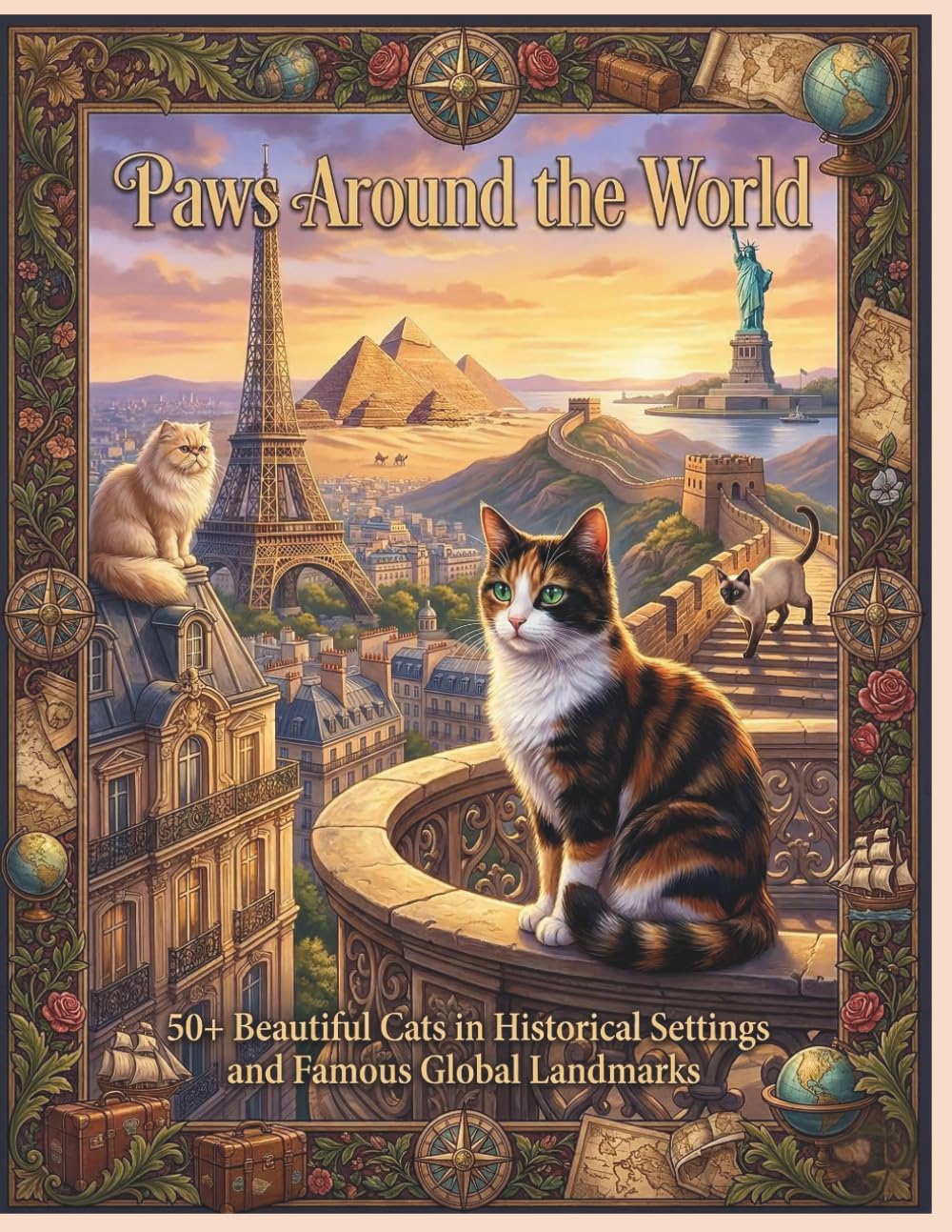 Paws Around the World: An Adult Coloring Book: 50+ Beautiful Cats in Historical Settings and Famous Global Landmarks