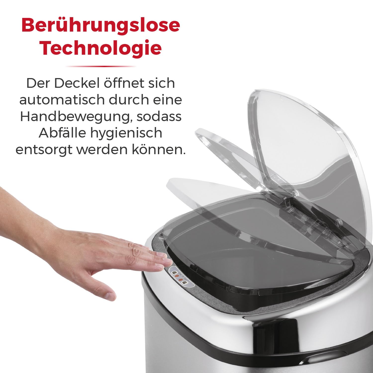 Tower T80901 Edelstahl Mülleimer Mit Sensor - Automatisch Mit Soft-Close-Funktion, Manuelle Öffnungsoption, 58 L, Silber