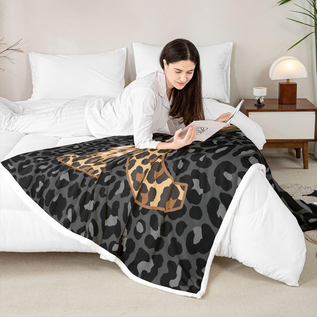Erosebridal Brown Leopard Print Bow Fleece Blanket Coquette Aesthetic Letter K Sherpa Blanket 60"x80" | Personalized Name Monogrammed Alphabet Fuzzy Plush Throw Toddler Balletcore Decor Grey
