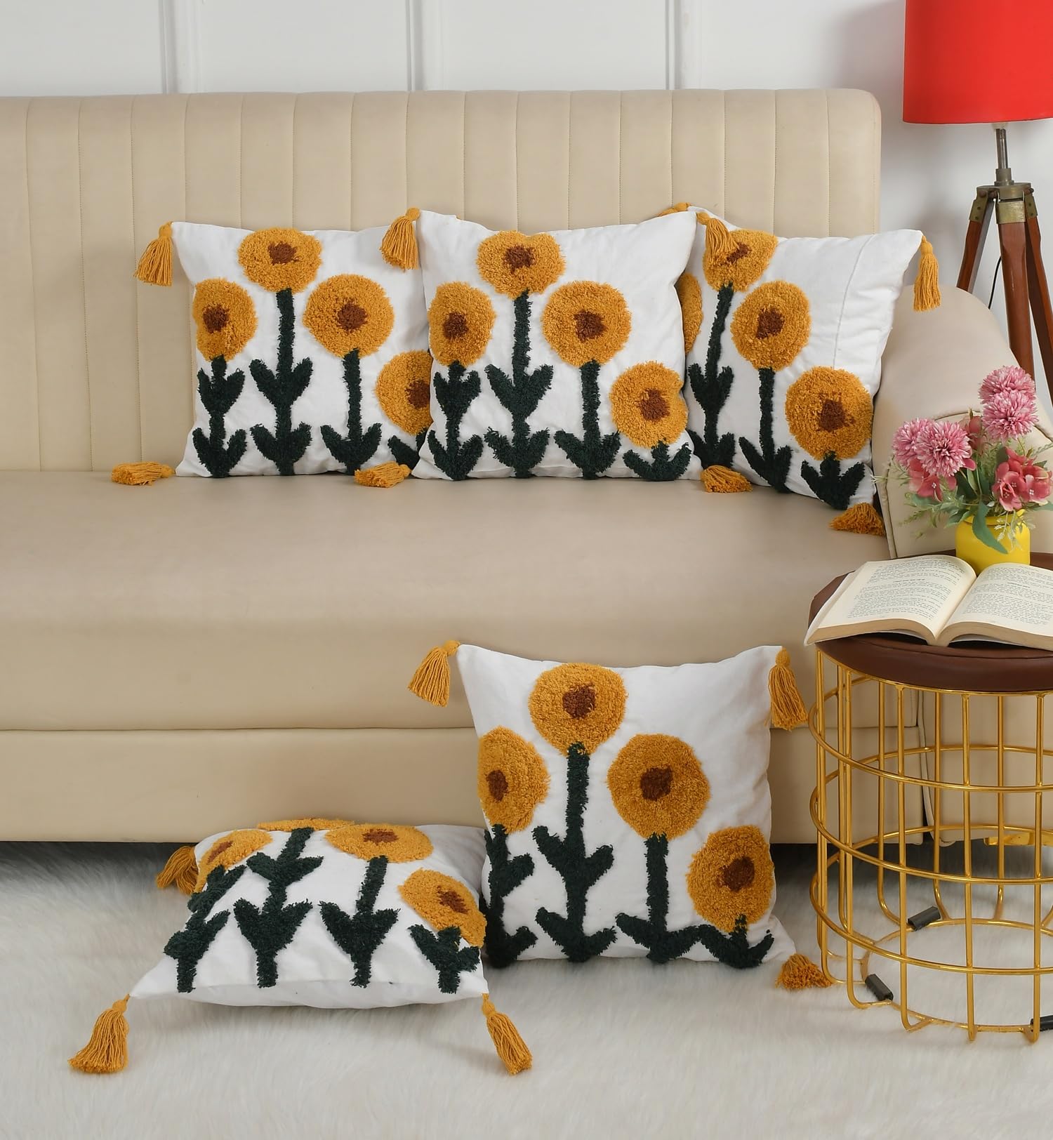 Premium Tufted Cotton Cushion Cover | Decorative Throw Pillow Cover for Sofa, Bed & Living Room | Soft Textured Boho Cushion Covers for Sofa, Couch & Bedroom (3, Yellow)-image-36