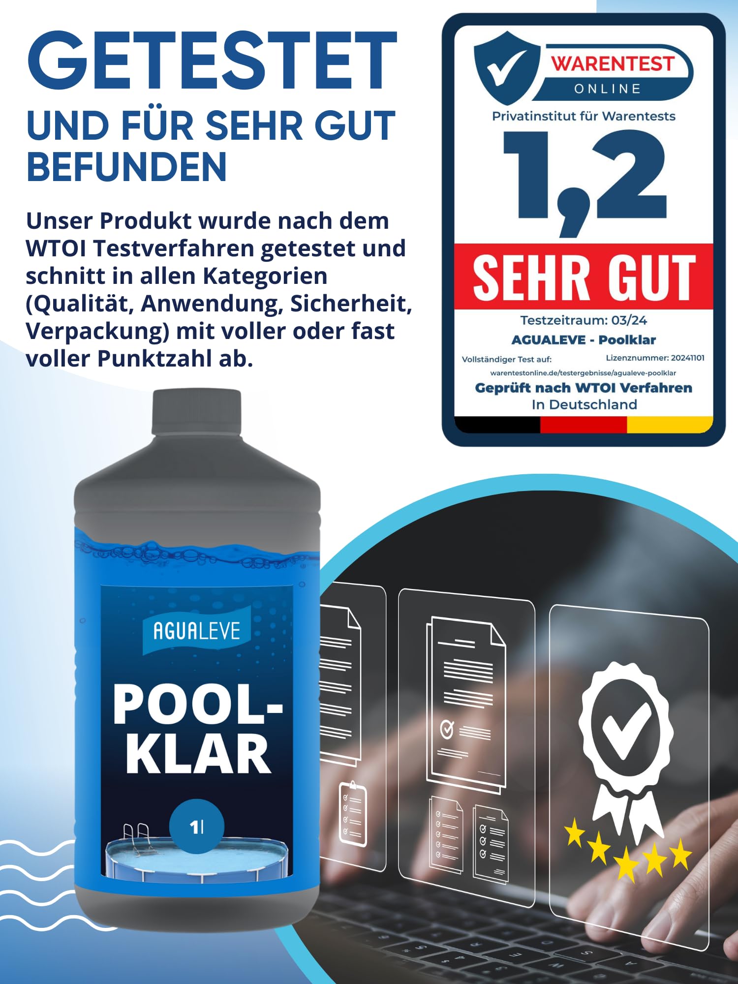 AGUALEVE® Poolklar 1l *NEU* – Kristallklar 2.0 Formel für perfektes Poolwasser – Pools, Whirlpools, Planschbecken – Markenqualität Made in Germany – für 200.000 Poolwasser – mit Note 1,2 getestet